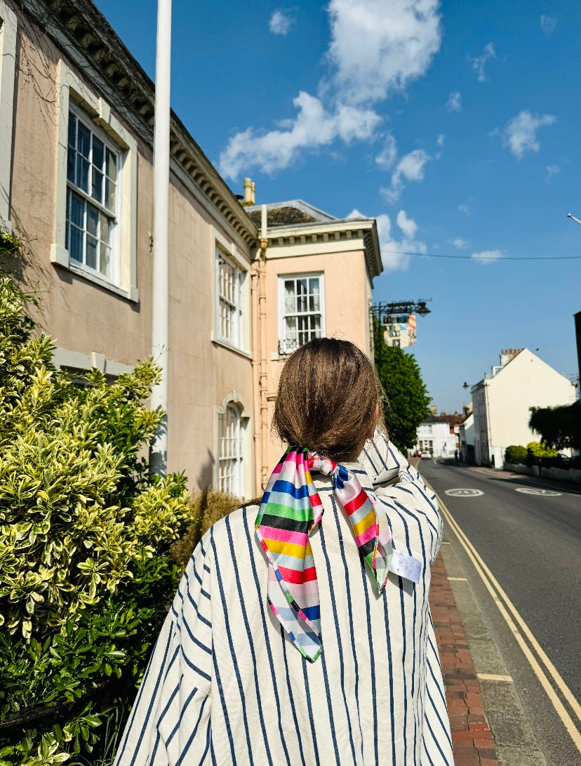Multicoloured Striped Satin Silk Square Scarf