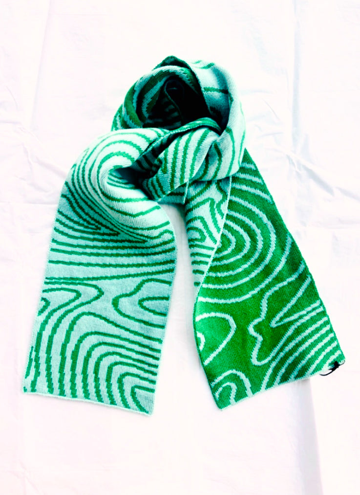 Swirly Stripe Wool and Cashmere Scarf in Green and Blue