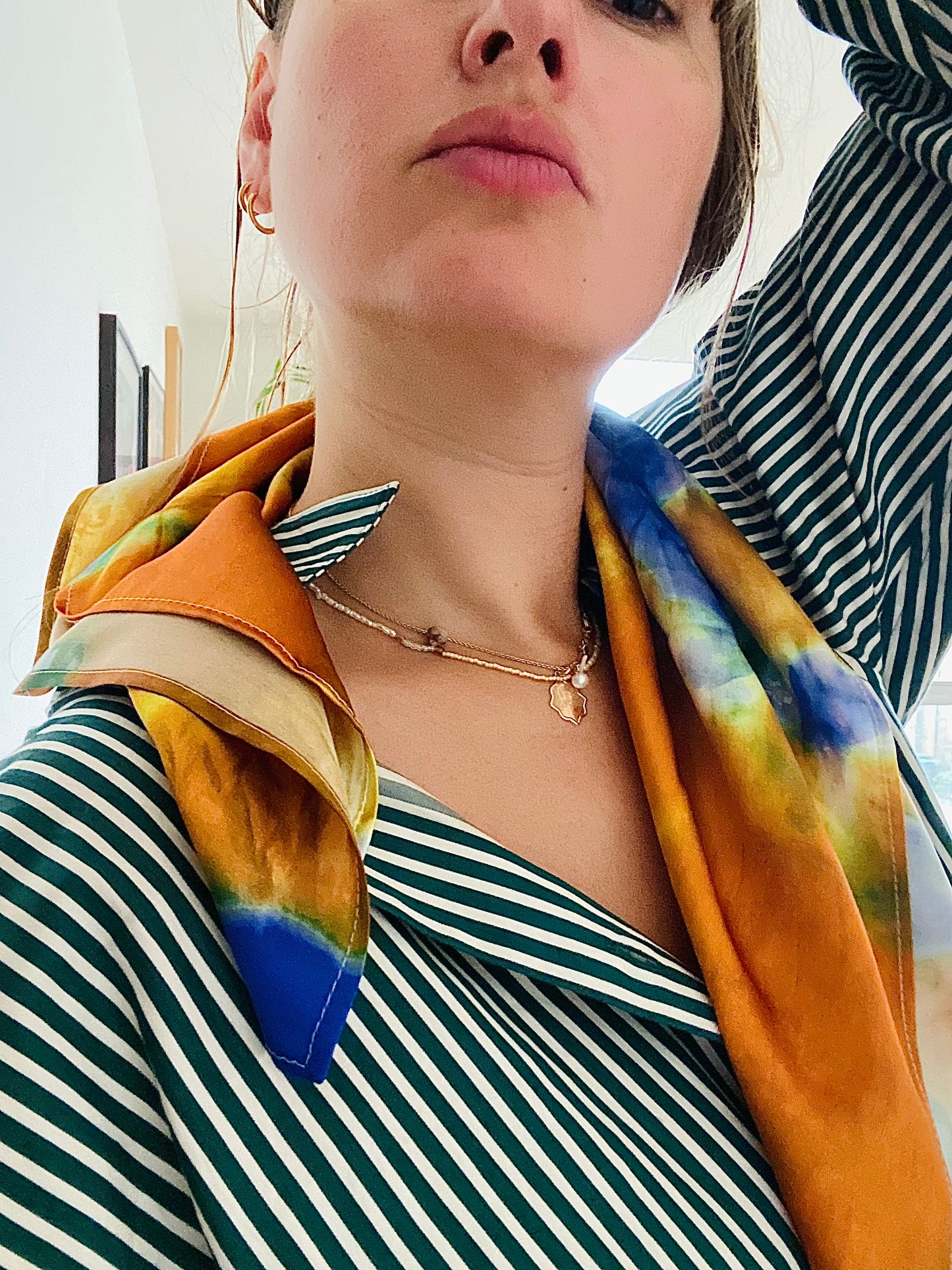 Tie Dye Printed Satin Silk Bandana in Safran & Blue