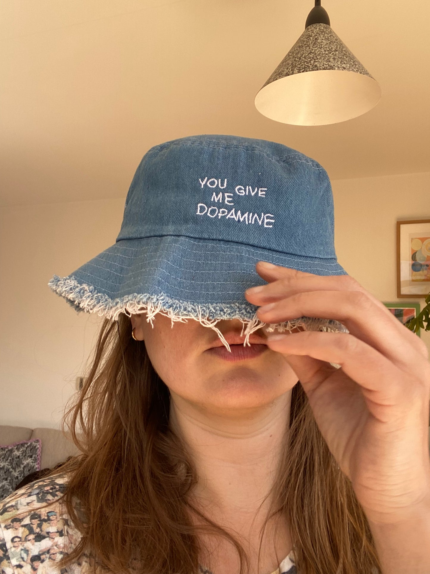 You Give Me Dopamine Distressed denim bucket hat