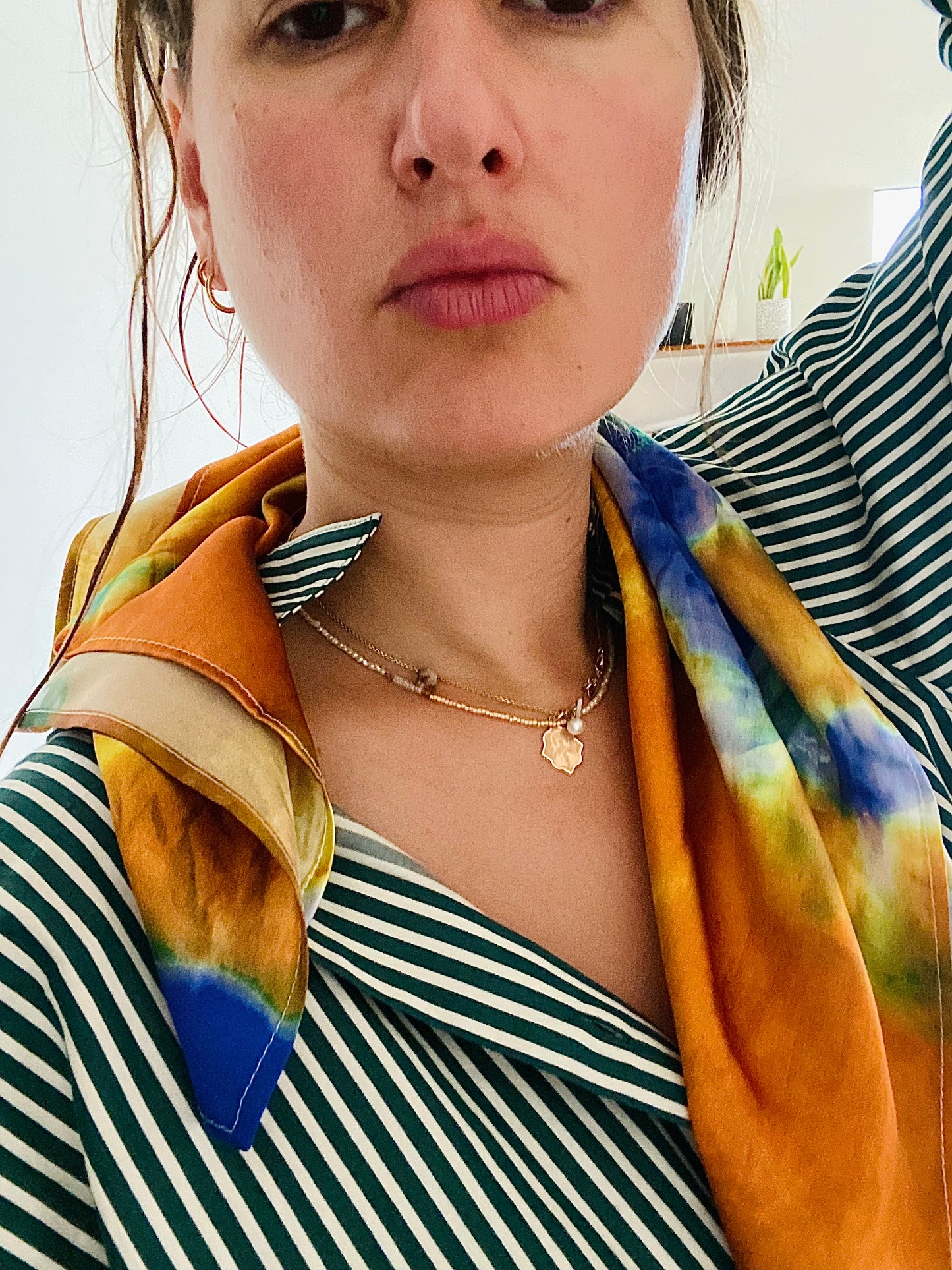 Tie Dye Printed Satin Silk Bandana in Safran & Blue