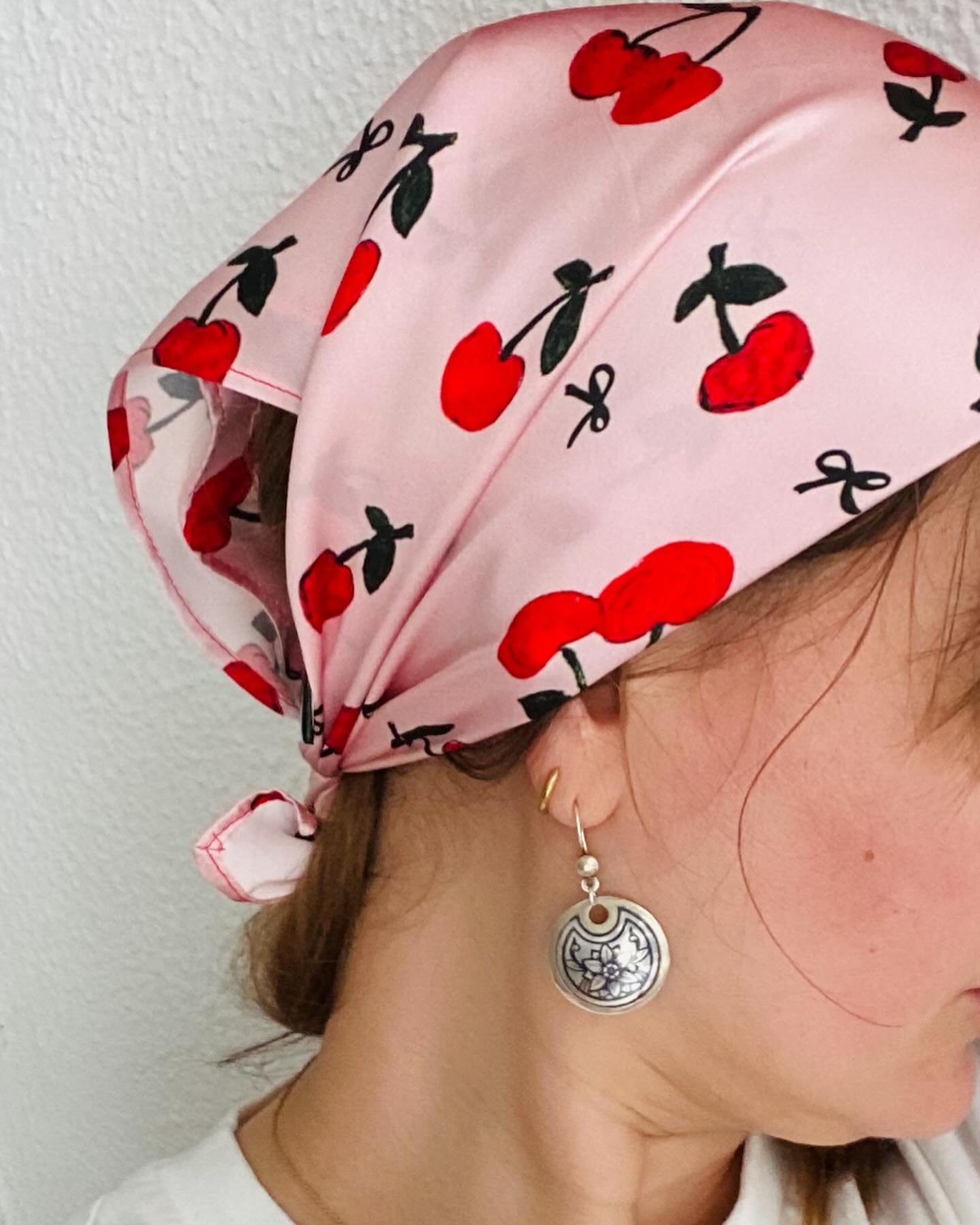 Printed Cherry Bow Satin Silk Square Scarf