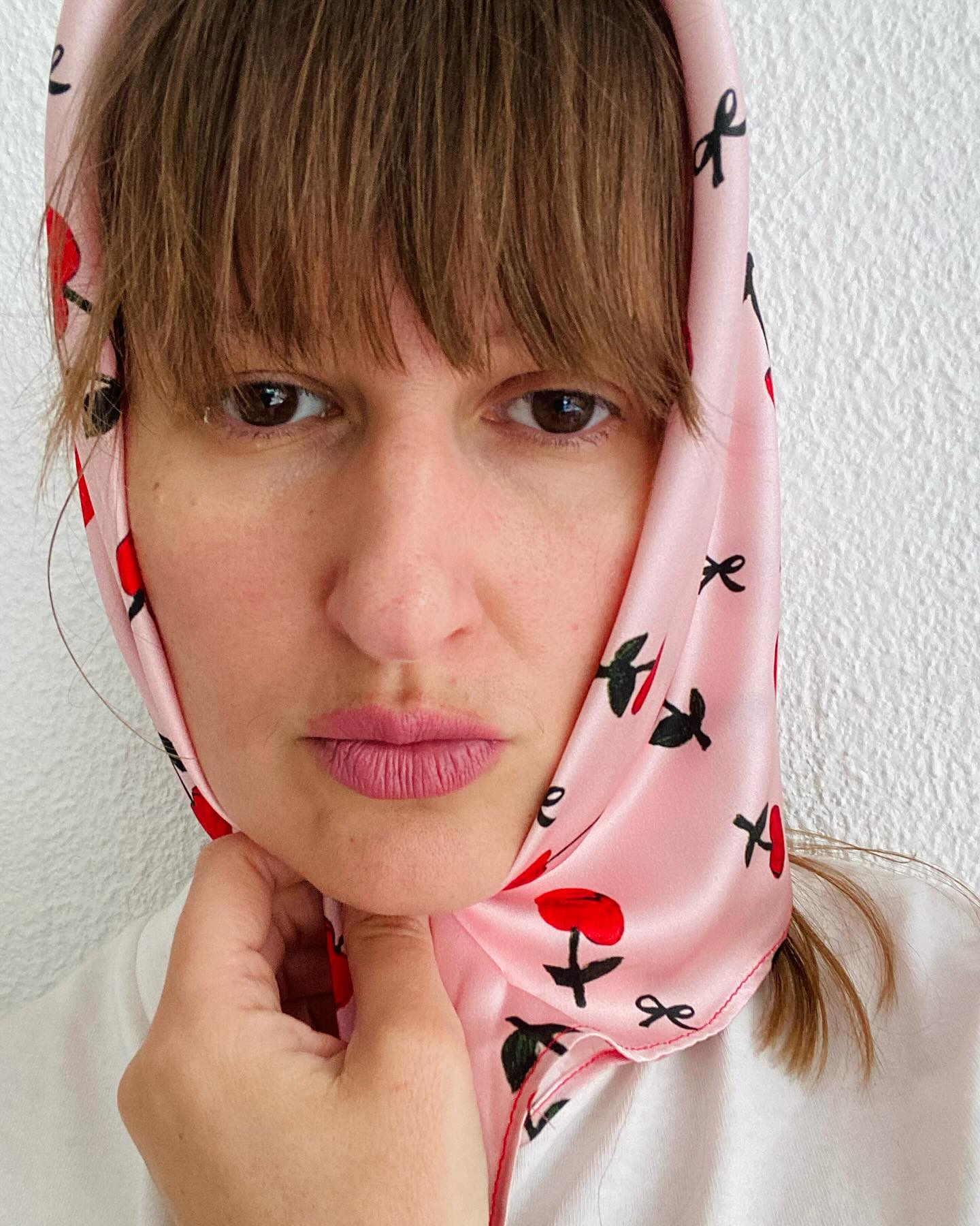 Printed Cherry Bow Satin Silk Square Scarf