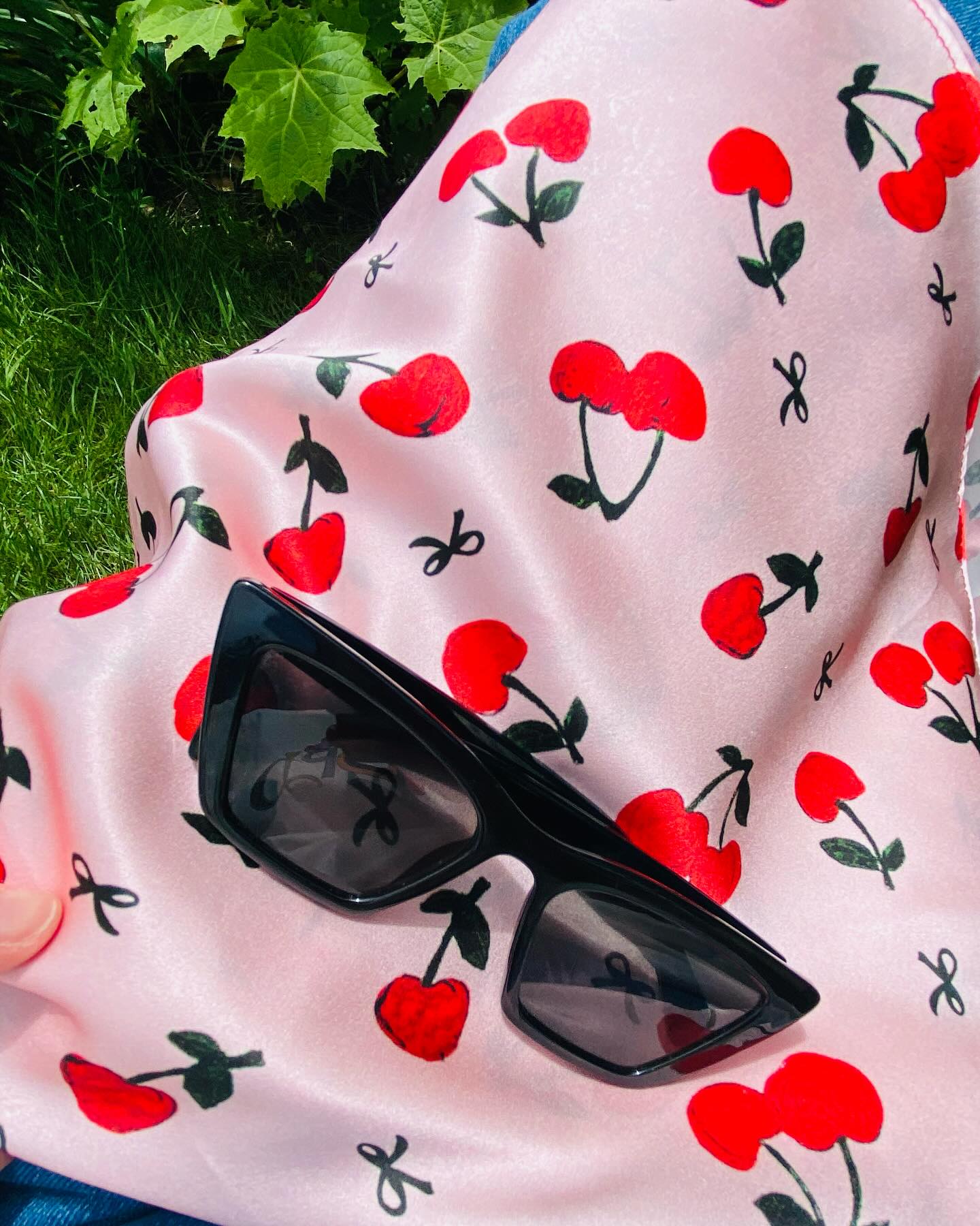 Printed Cherry Bow Satin Silk Square Scarf
