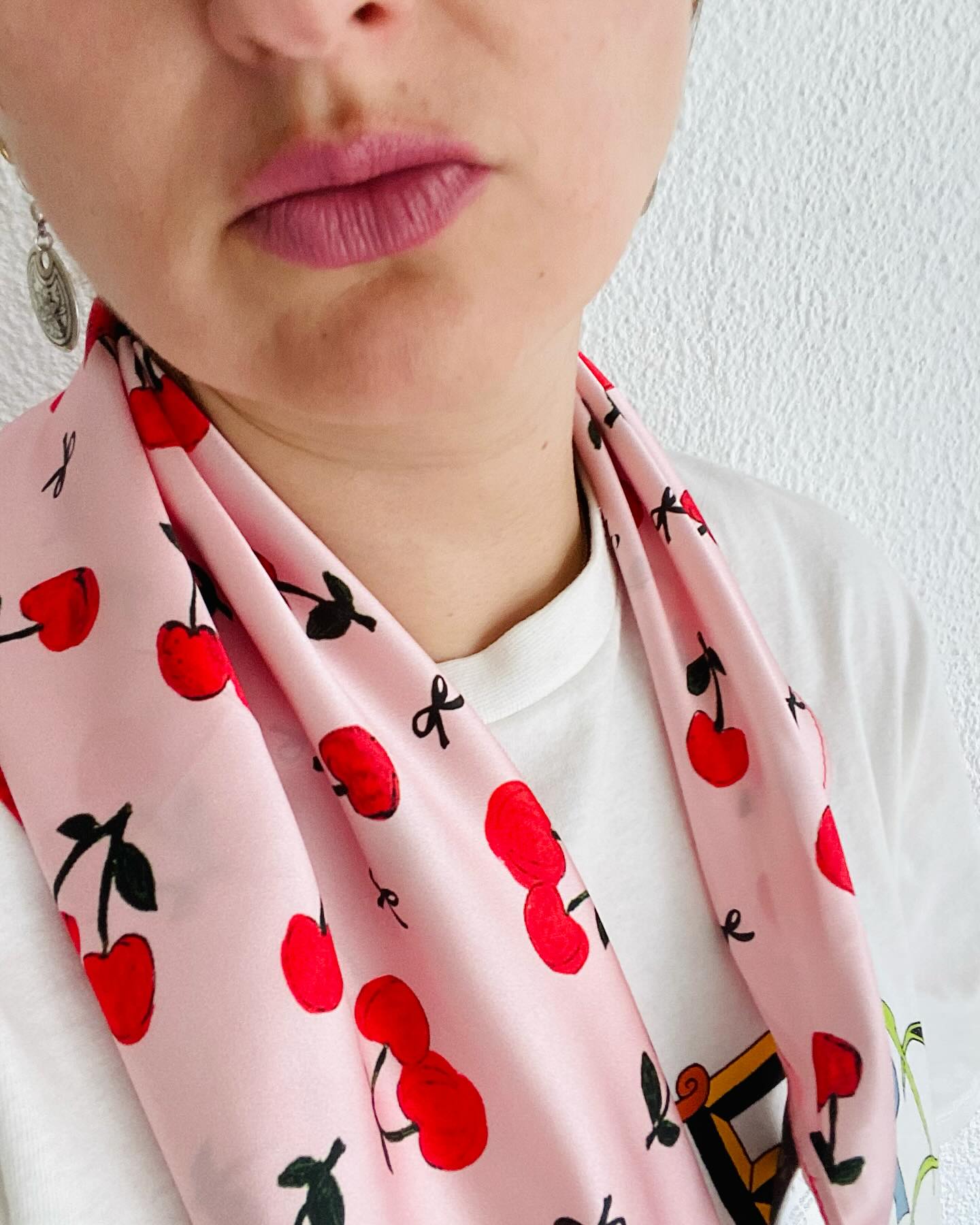 Printed Cherry Bow Satin Silk Square Scarf