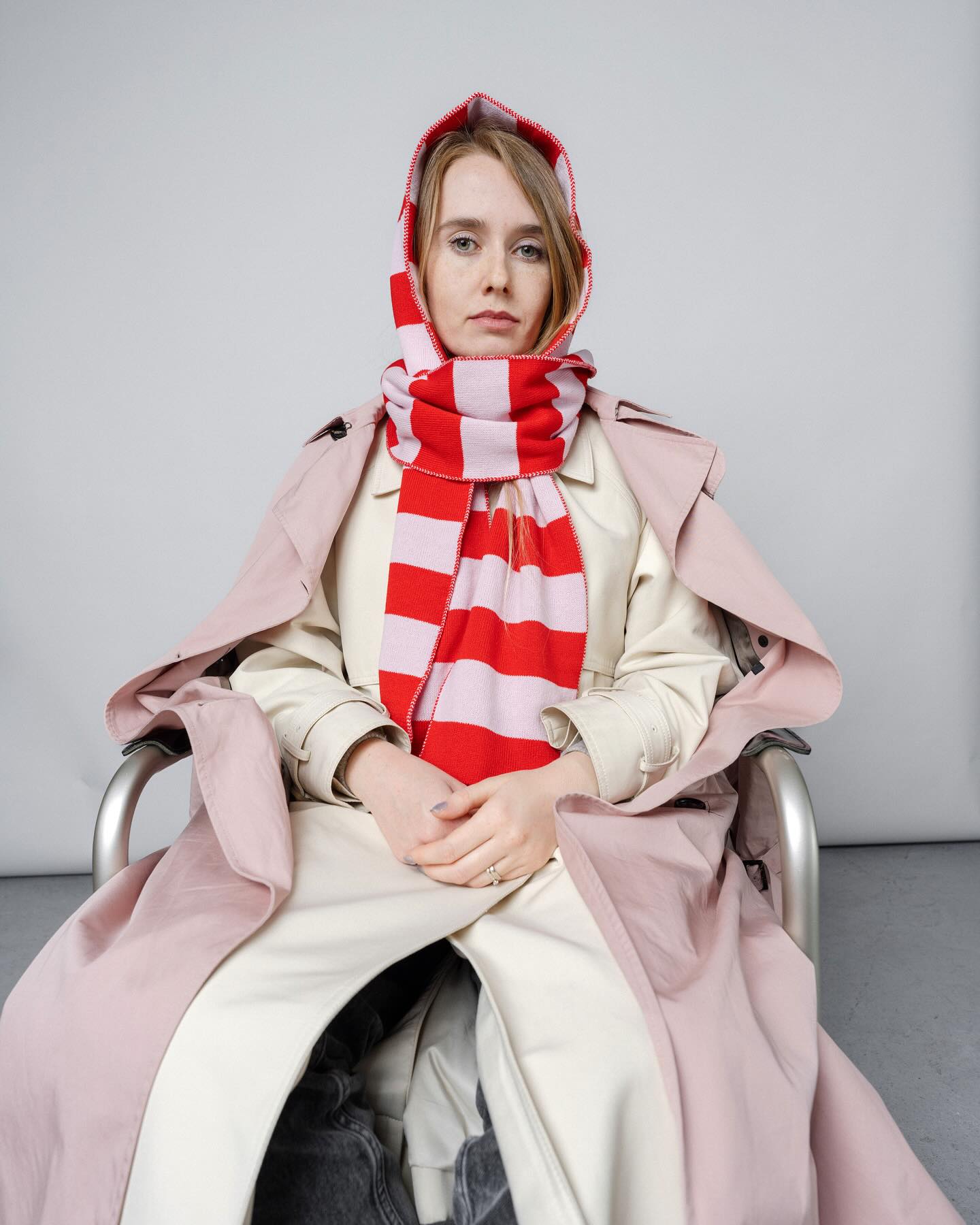 Wide Stripe Wool and Cashmere Scarf in Pink and Red