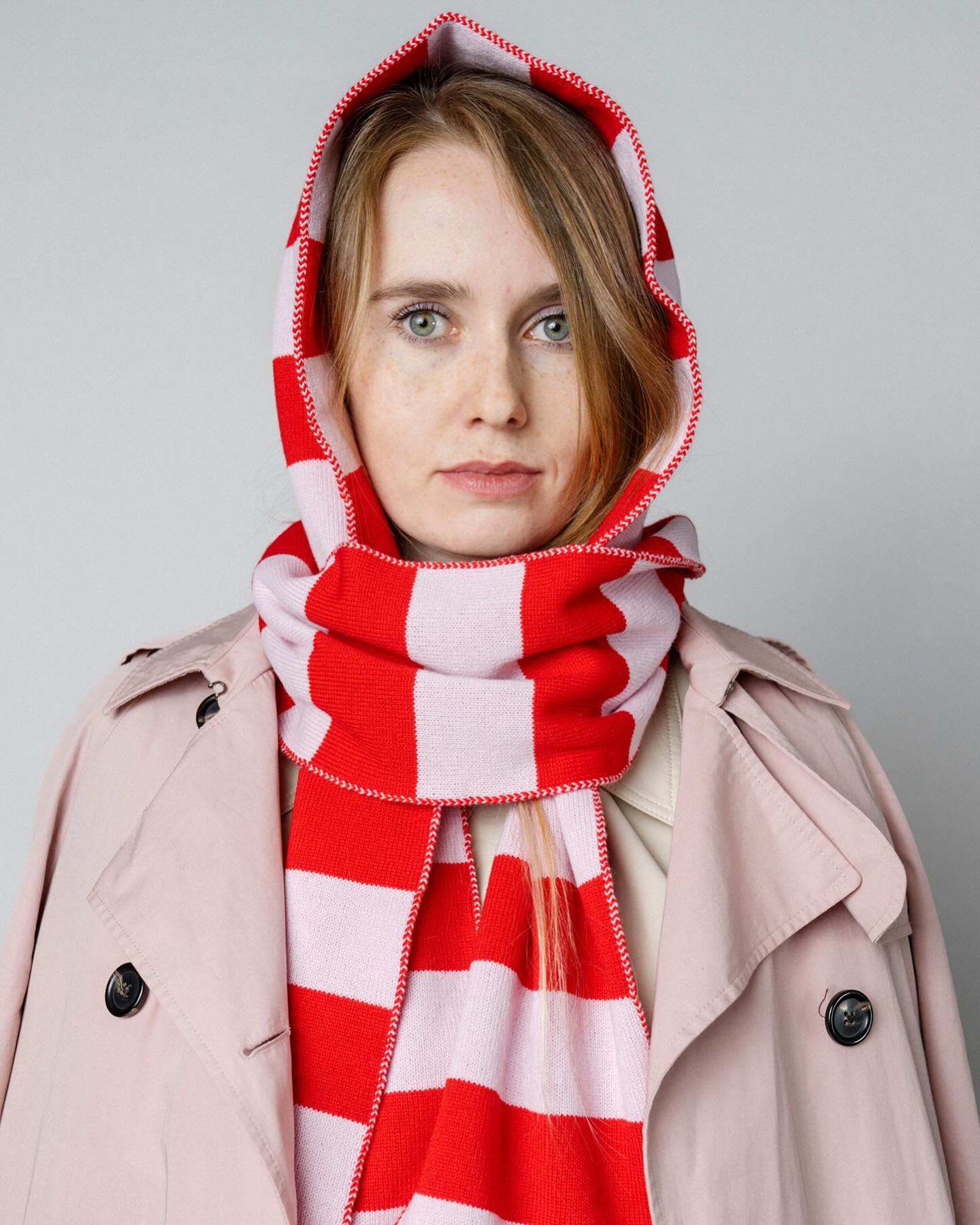 Wide Stripe Wool and Cashmere Scarf in Blush and Red