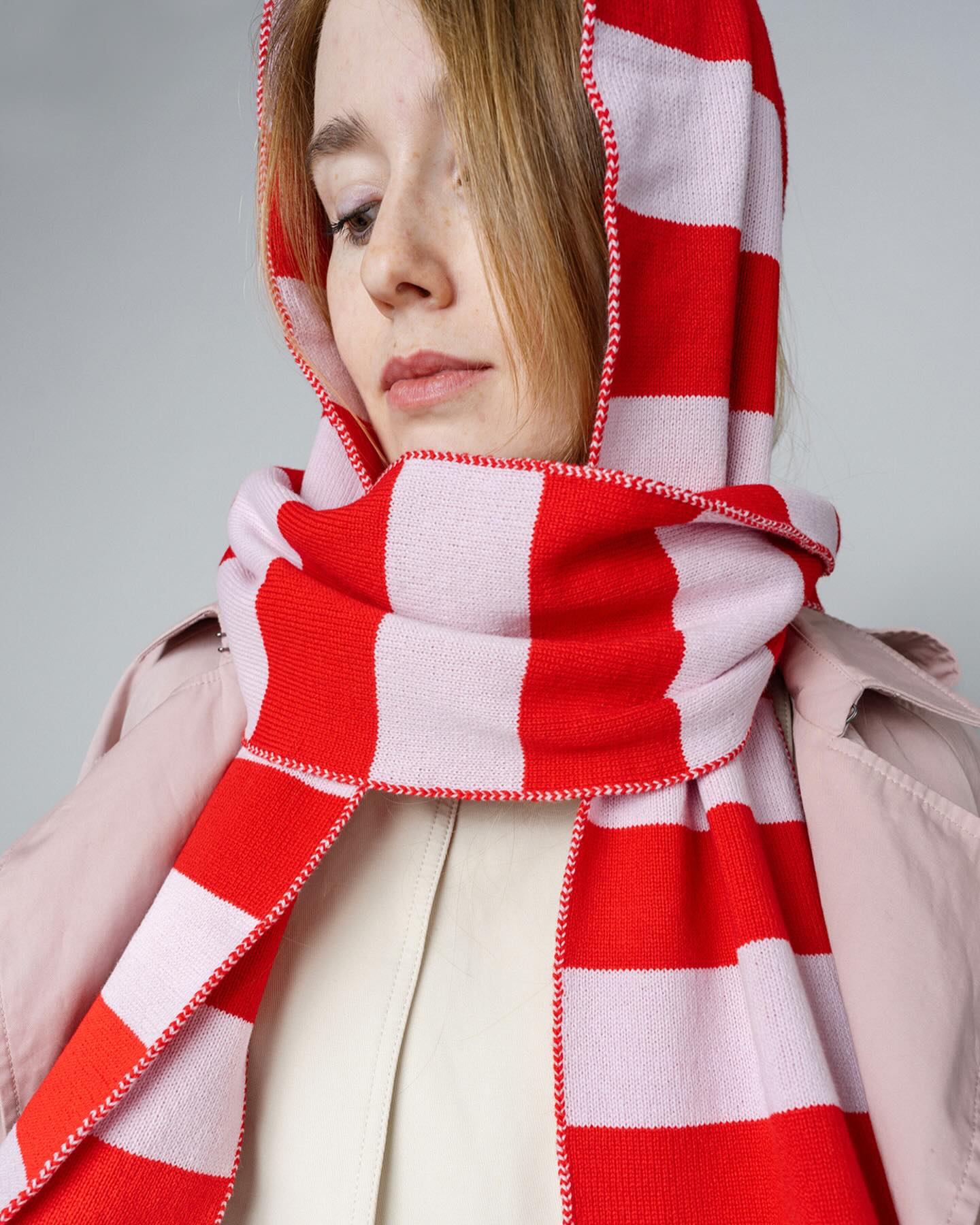 Wide Stripe Wool and Cashmere Scarf in Blush and Red