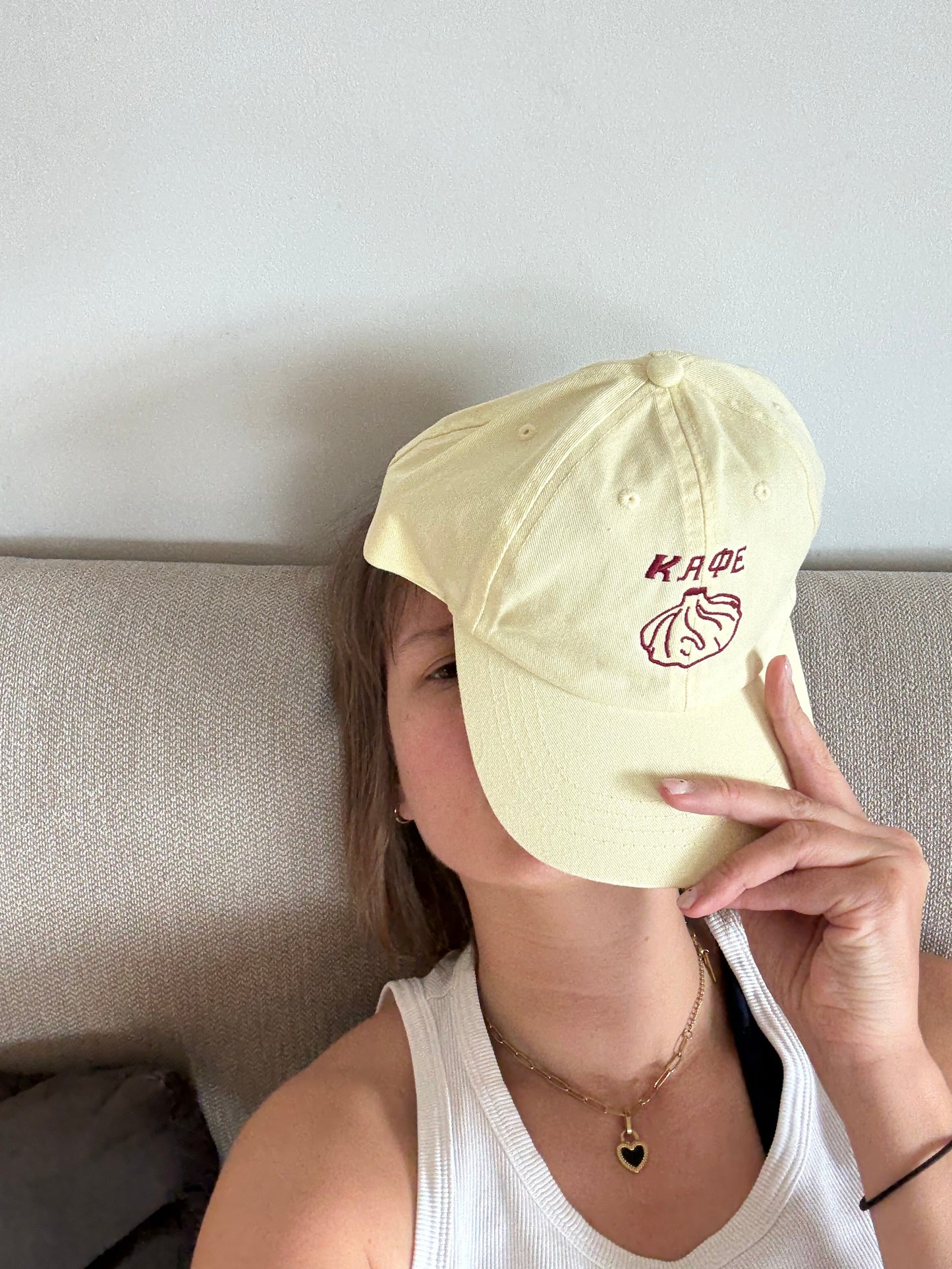 Cafe Khinkali Butter Yellow Embroidered Slogan Cap