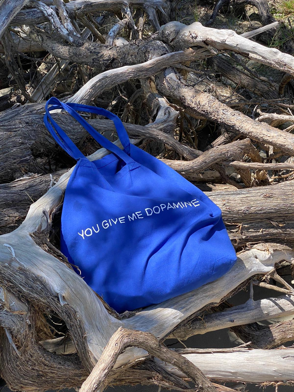 Dopamine Slogan Large organic Tote Bag in Blue