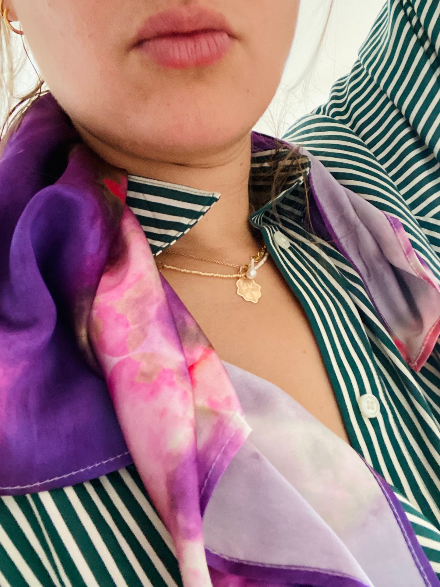 Tie Dye Printed Satin Silk Bandana in Purple and Hot Pink