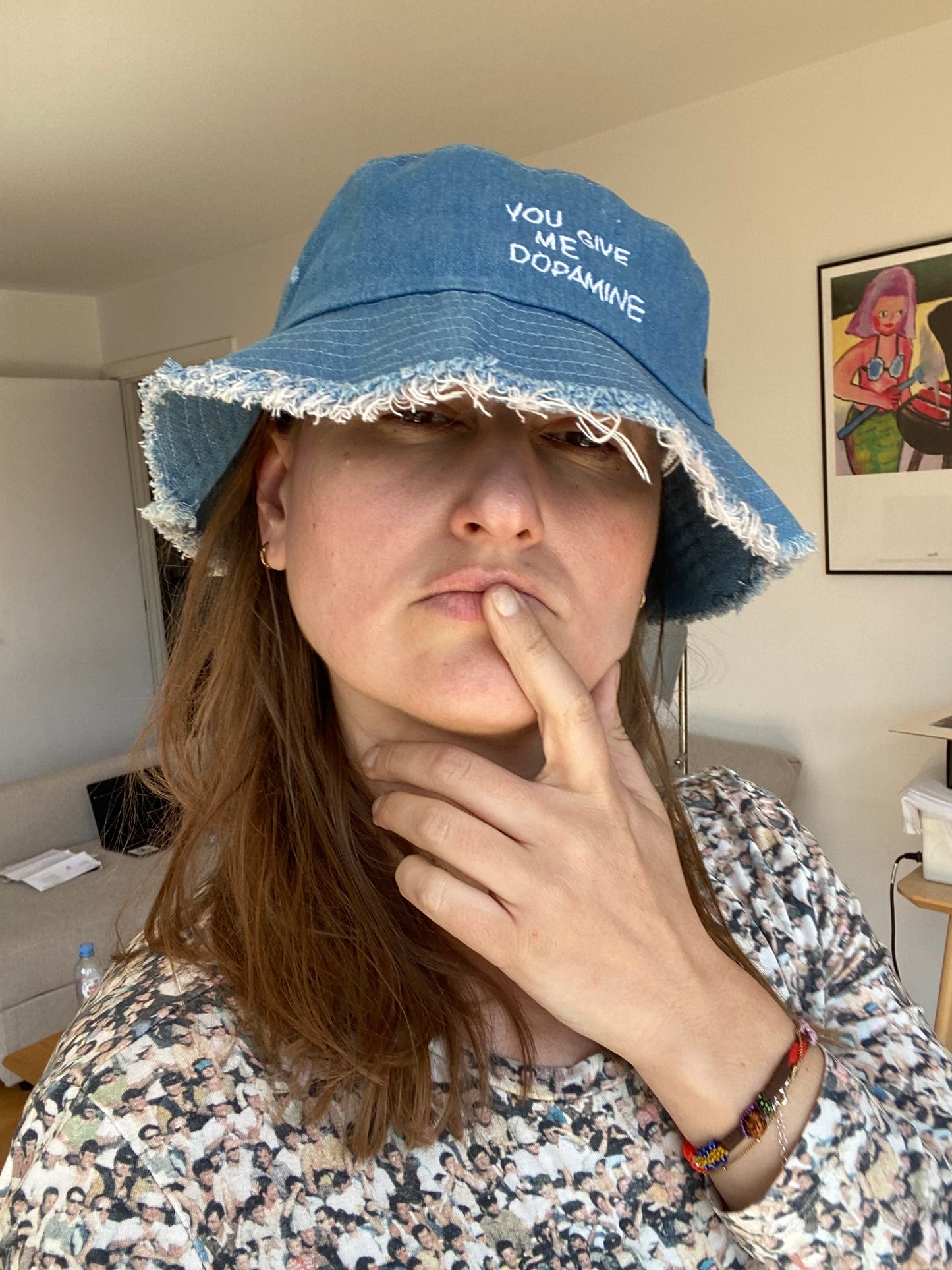 You Give Me Dopamine Distressed denim bucket hat