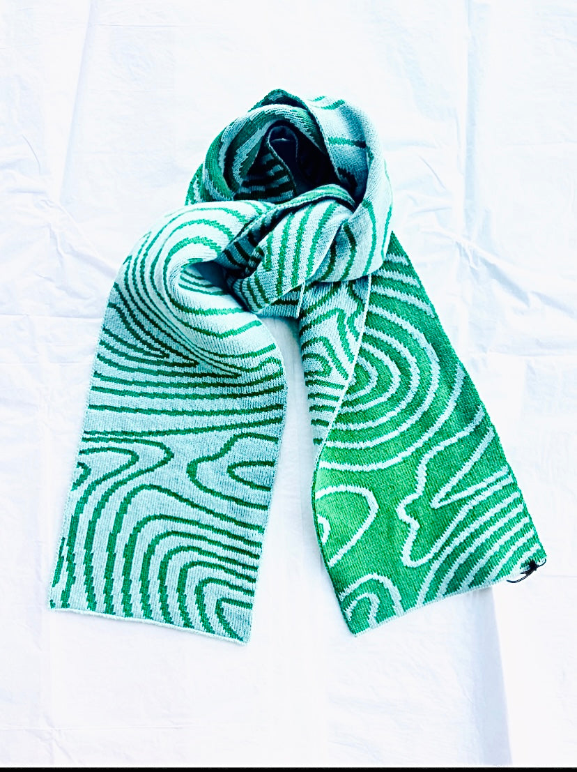 Swirly Stripe Wool and Cashmere Scarf in Green and Blue