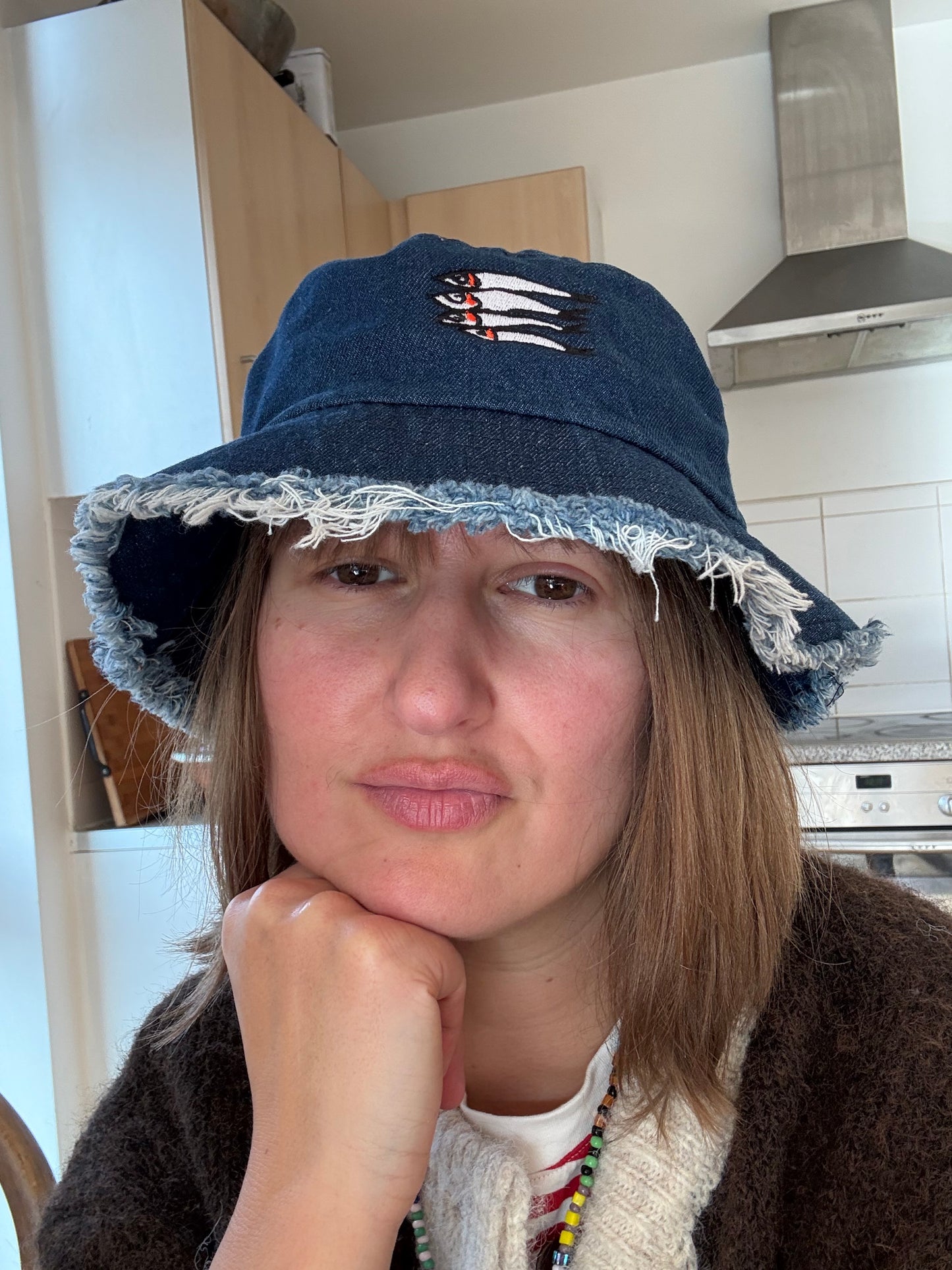 Embroidered Sardines Distressed Denim Bucket Hat
