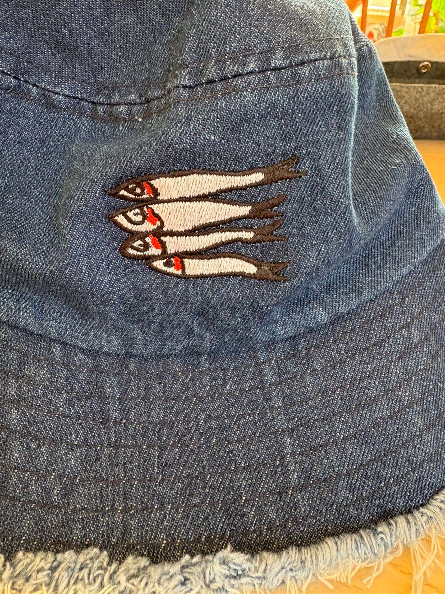 Embroidered Sardines Distressed Denim Bucket Hat