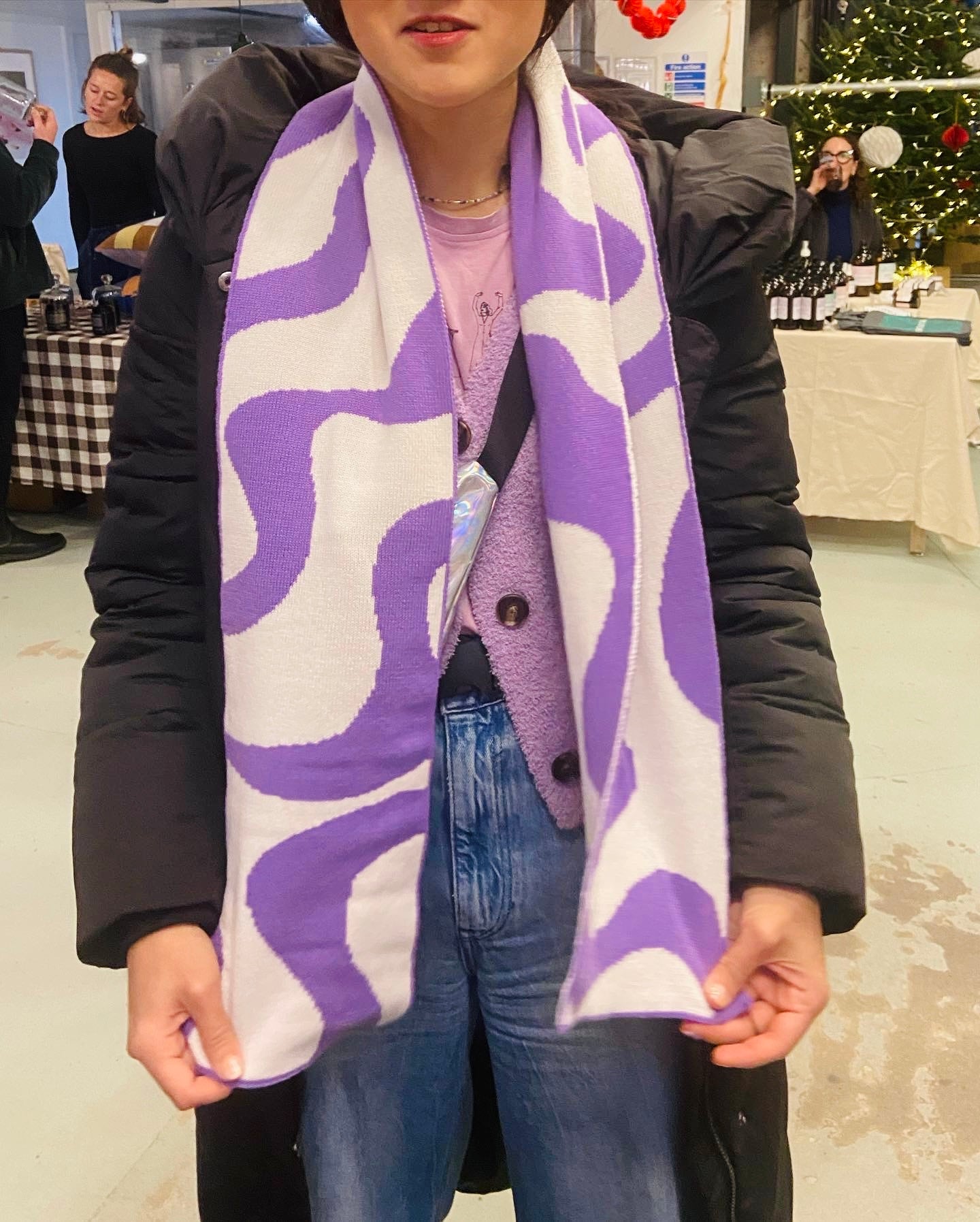 Wiggly Stripe Wool and Cashmere Scarf in Beige And Purple