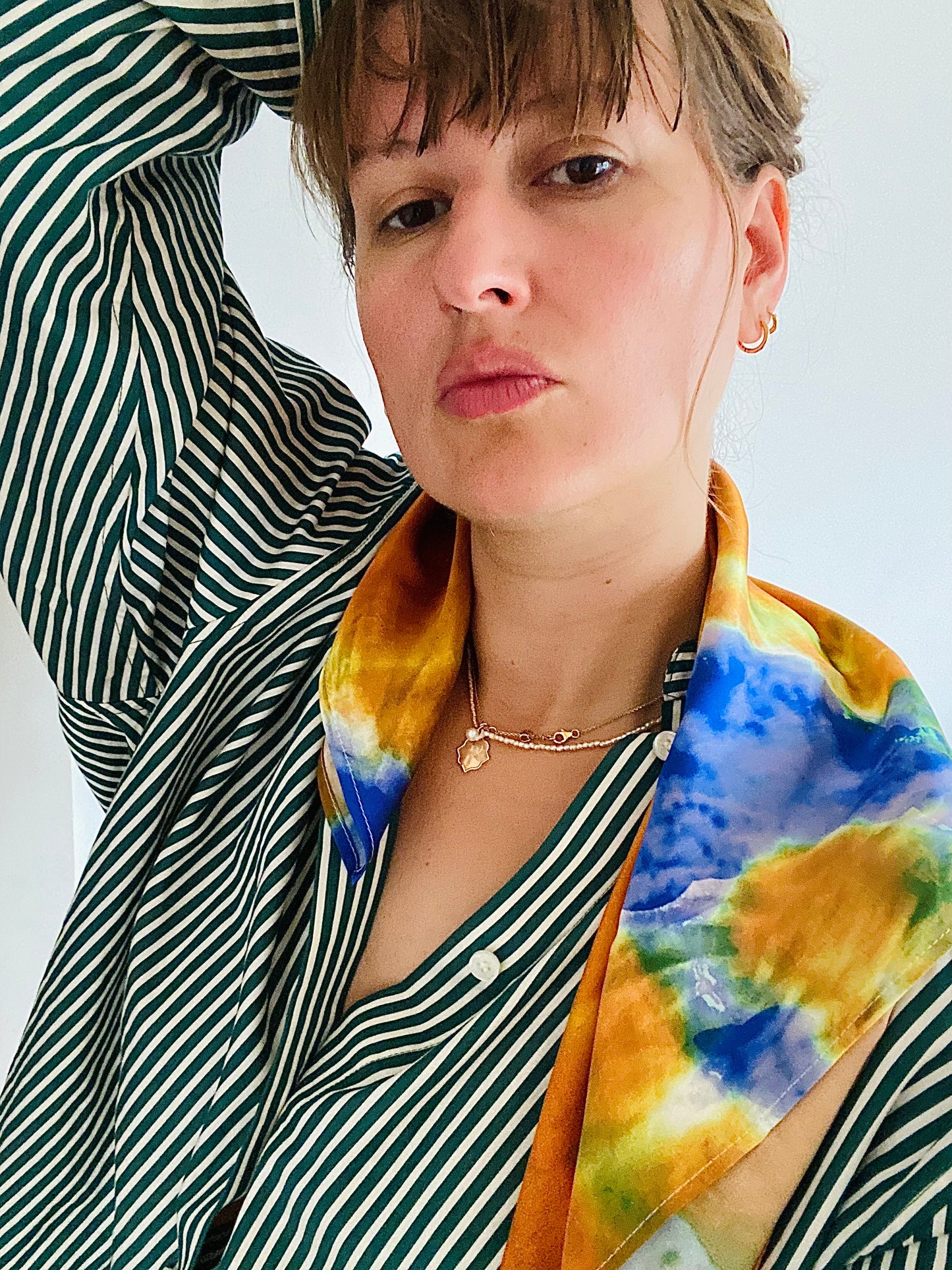 Tie Dye Printed Satin Silk Bandana in Safran & Blue