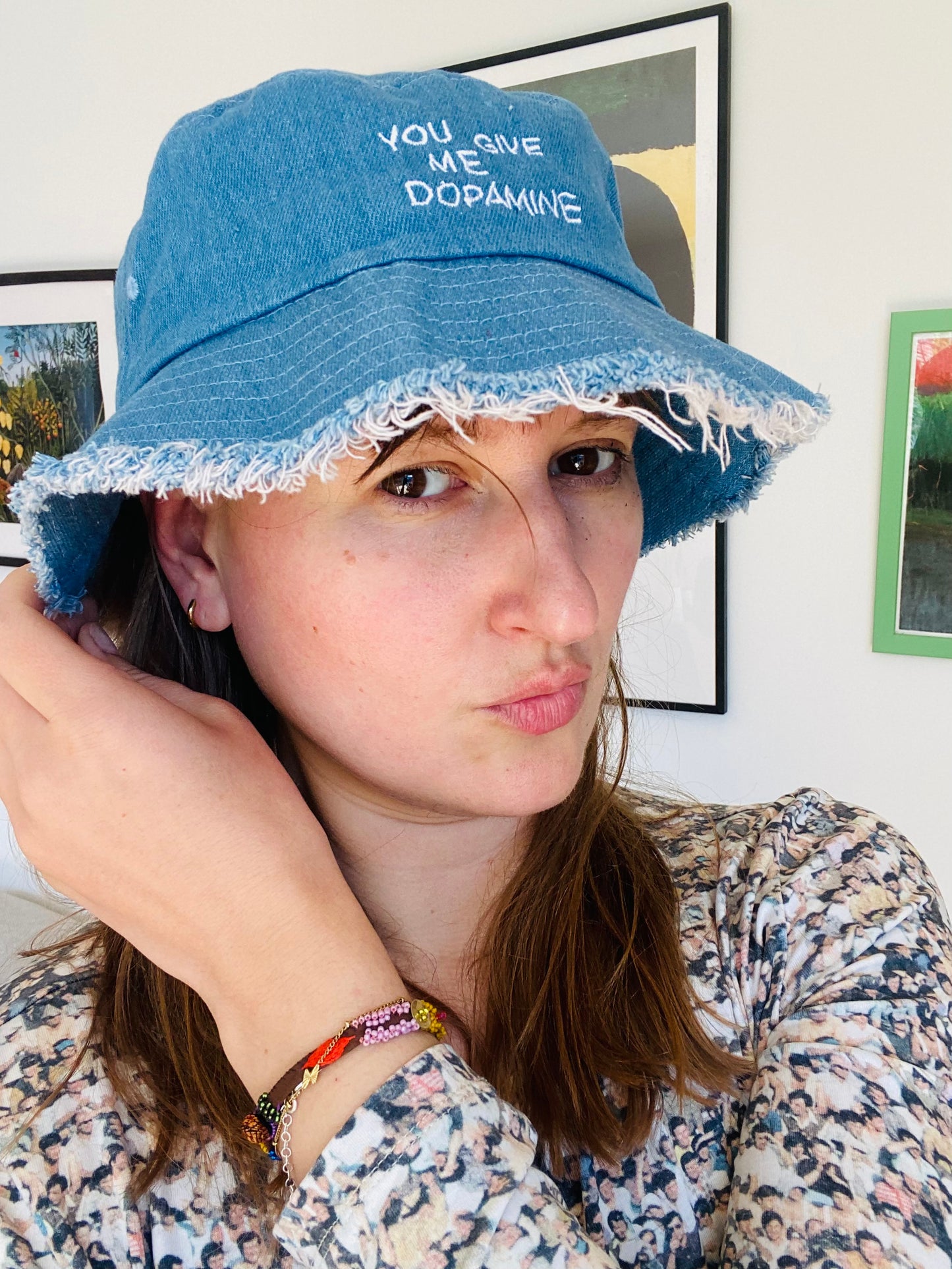 You Give Me Dopamine Distressed denim bucket hat
