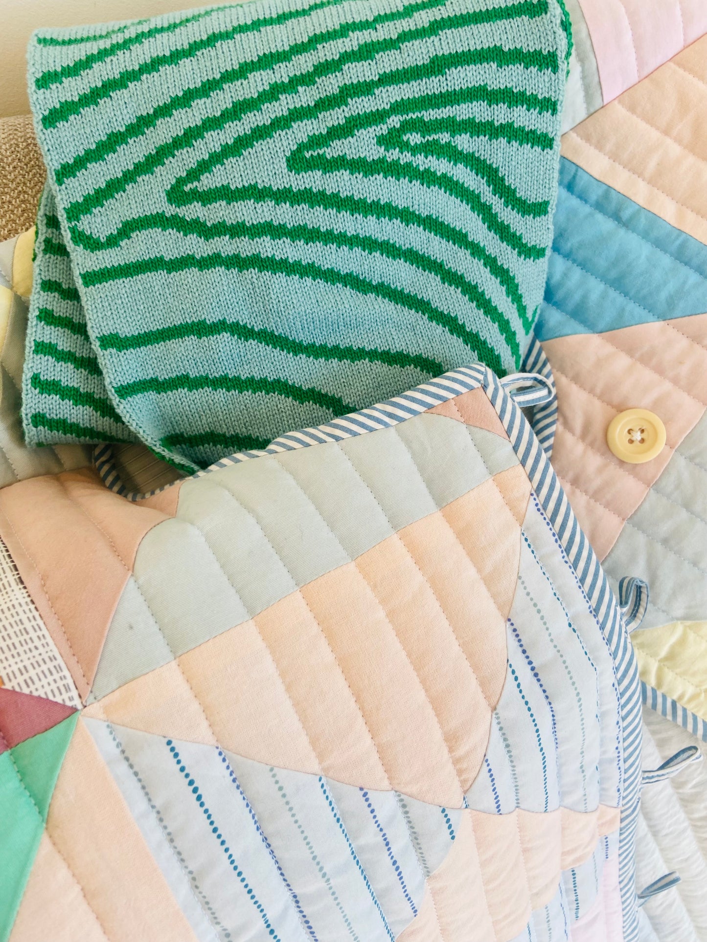 Swirly Stripe Wool and Cashmere Scarf in Green and Blue
