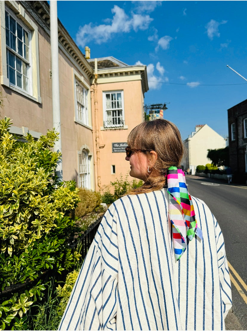 Multicoloured Striped Satin Silk Square Scarf