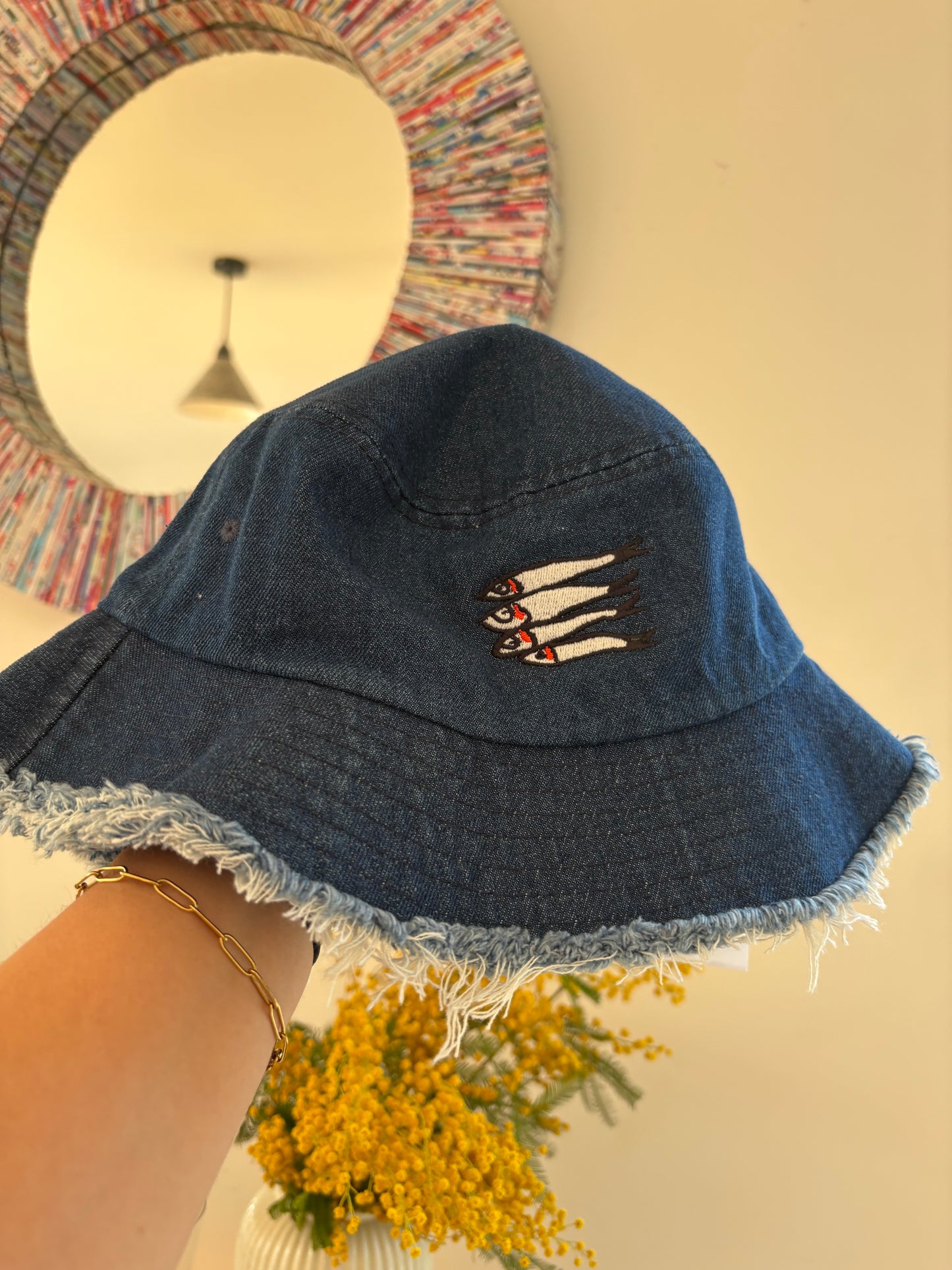 Embroidered Sardines Distressed Denim Bucket Hat