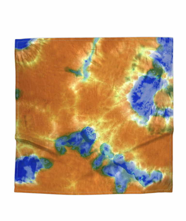 Tie Dye Printed Satin Silk Bandana in Safran & Blue