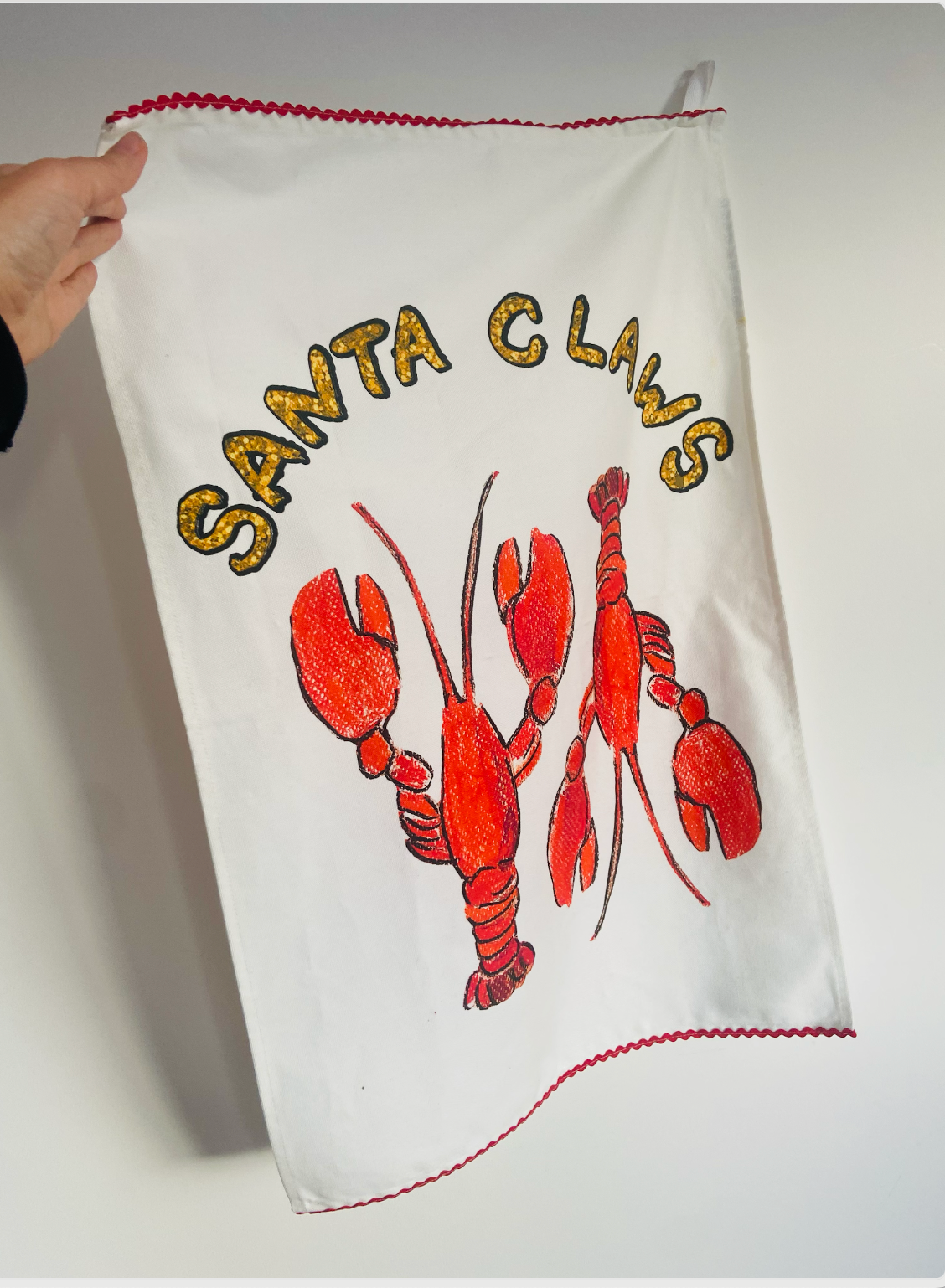 Santa Claws Hand-drawn Lobsters Linen Tea Towel