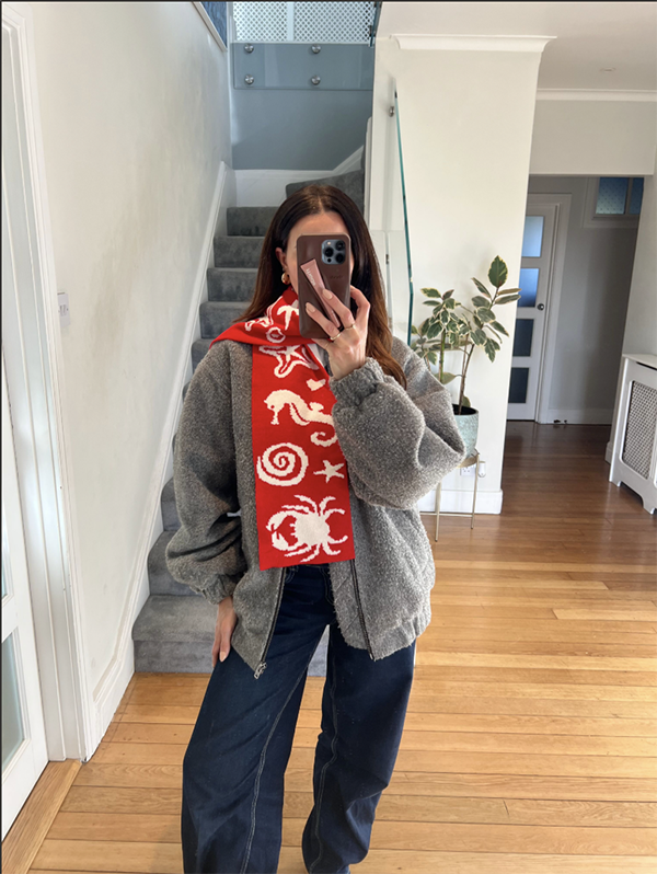 Sea Life Scarf – Red and White Wool and Cashmere Knitted Scarf