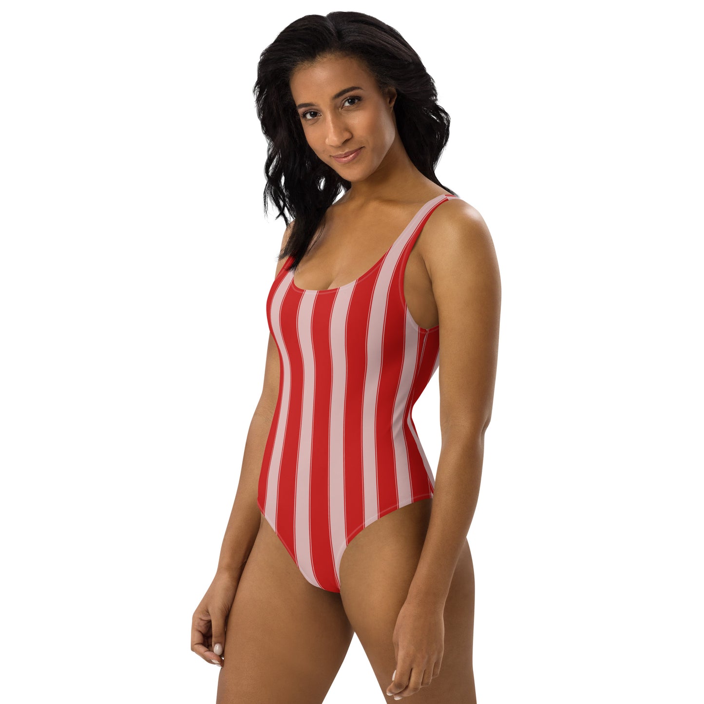 Striped One-Piece Swimsuit In PInk and Red