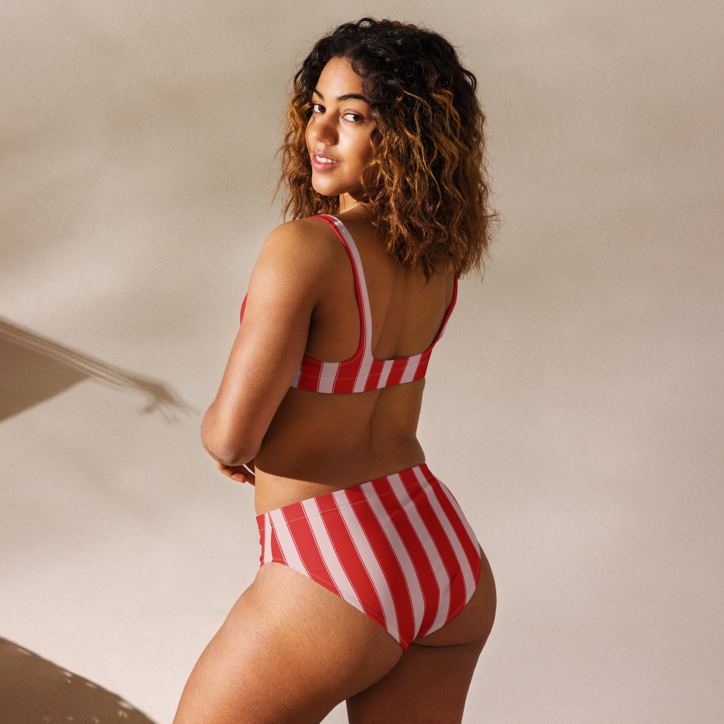 Striped Recycled high-waisted Bikini in Pink and Red