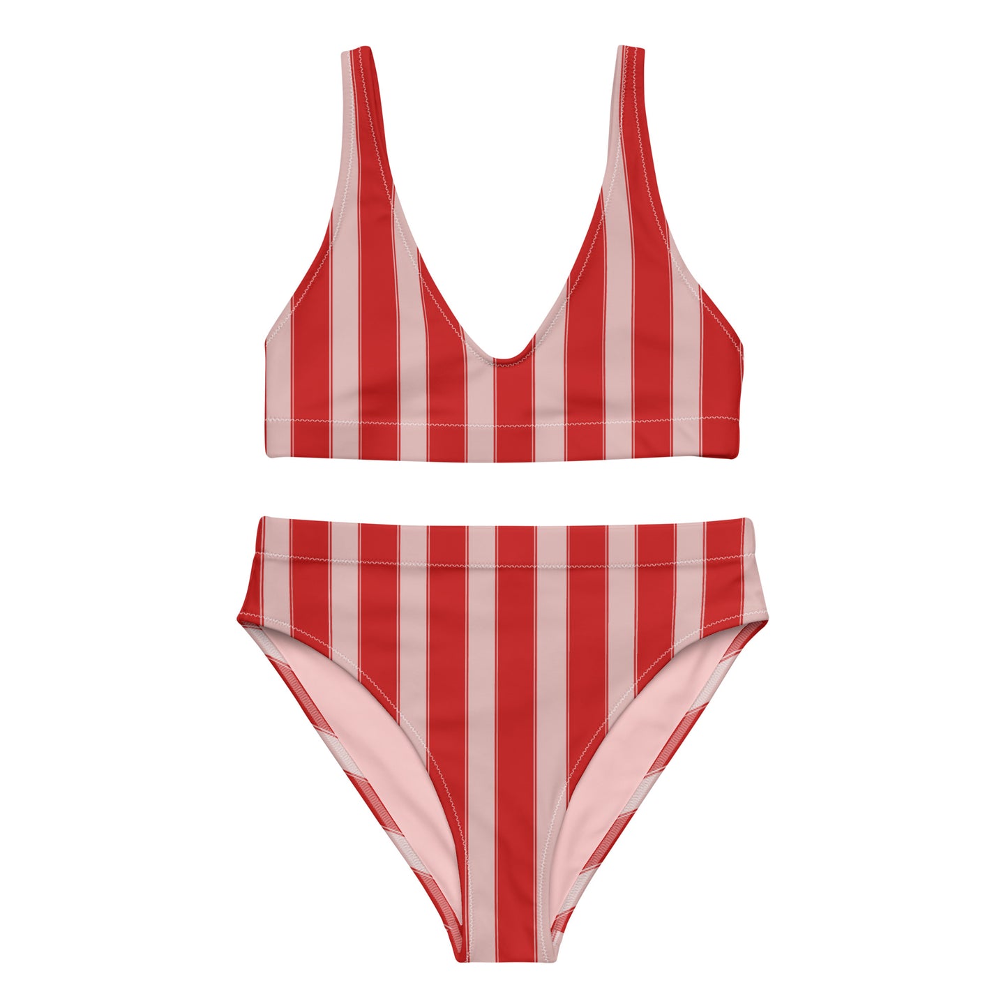 Striped Recycled high-waisted Bikini in Pink and Red