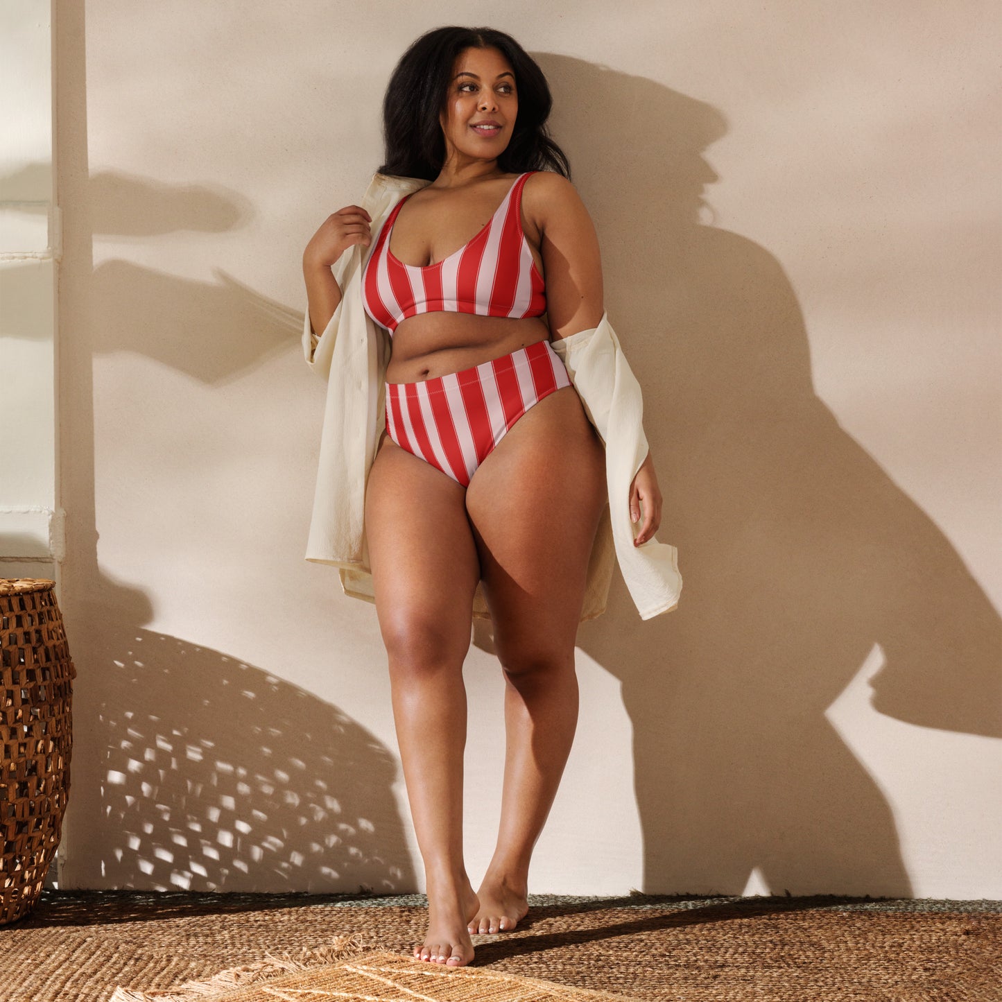 Striped Recycled high-waisted Bikini in Pink and Red