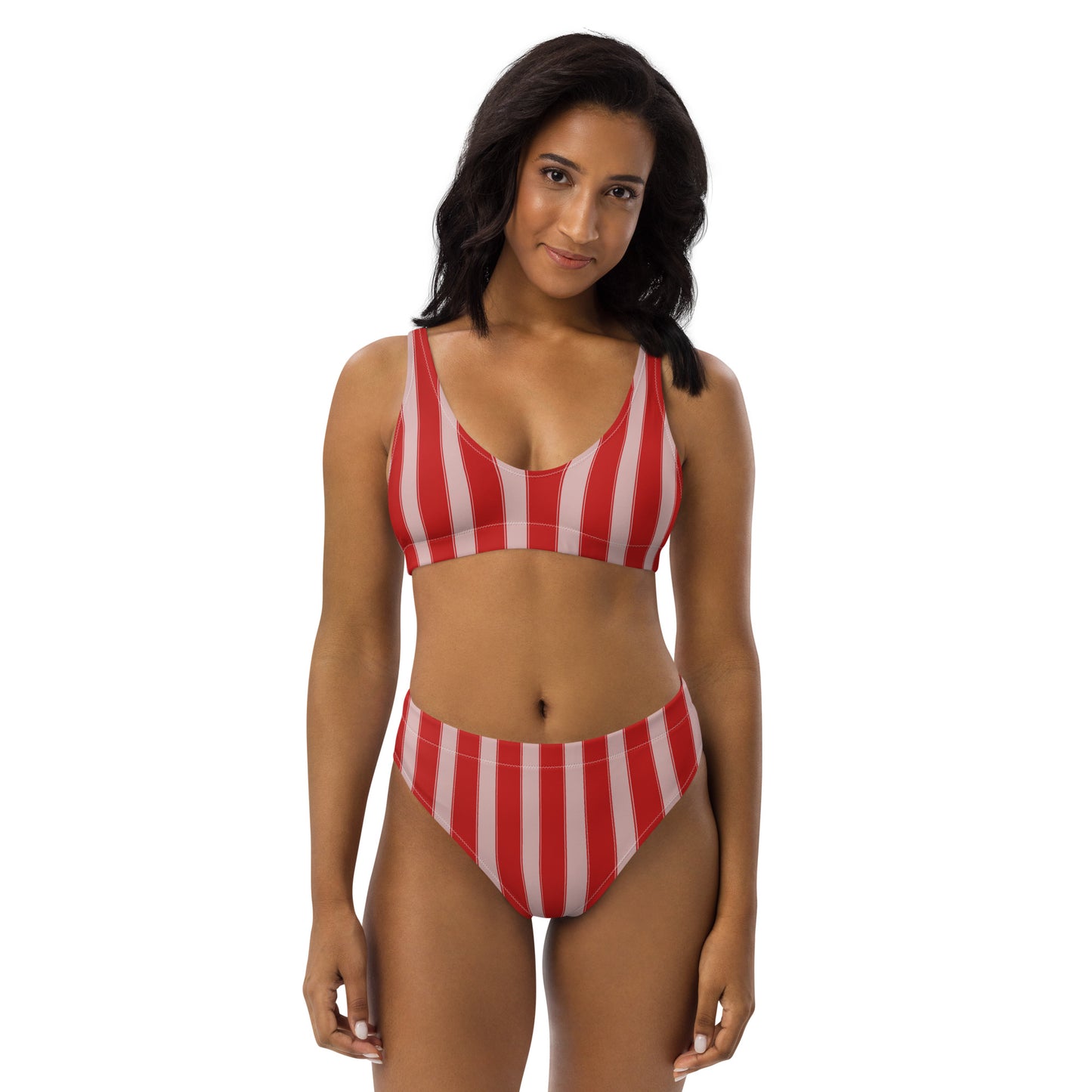 Striped Recycled high-waisted Bikini in Pink and Red