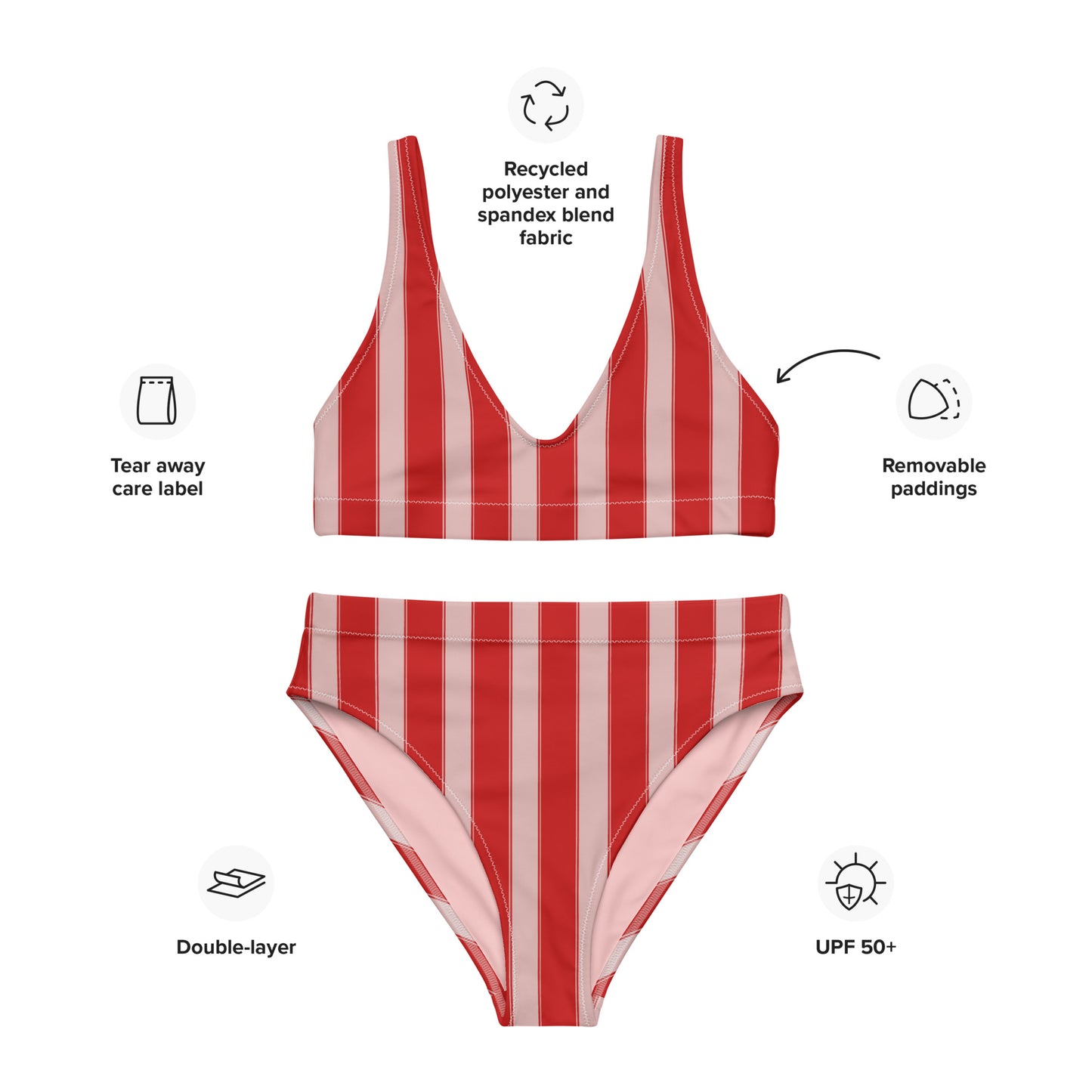 Striped Recycled high-waisted Bikini in Pink and Red