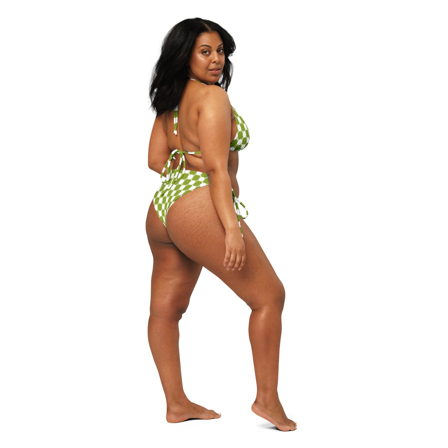 Checkered Print Recycled String Bikini in Avocado Green