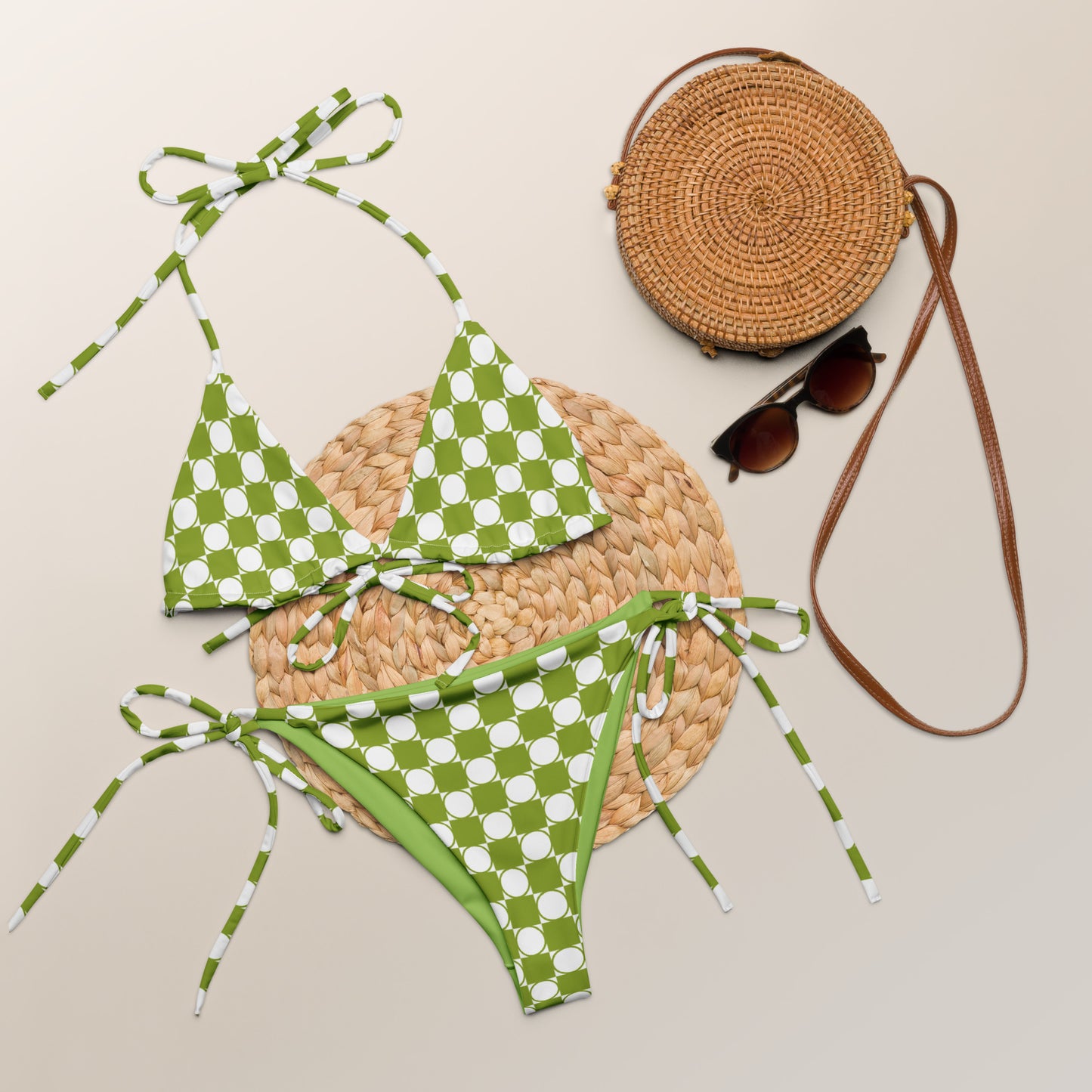 Checkered Print Recycled String Bikini in Avocado Green