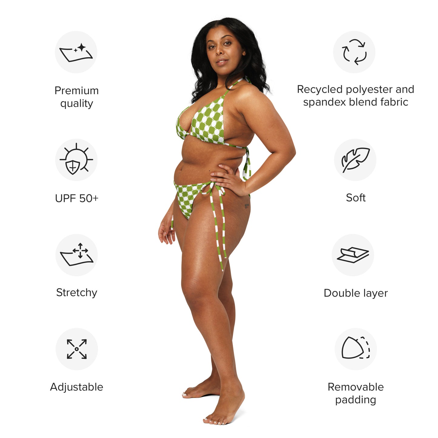 Checkered Print Recycled String Bikini in Avocado Green
