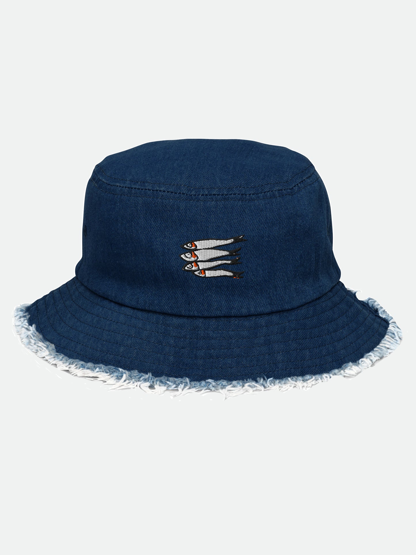 Embroidered Sardines Distressed Denim Bucket Hat