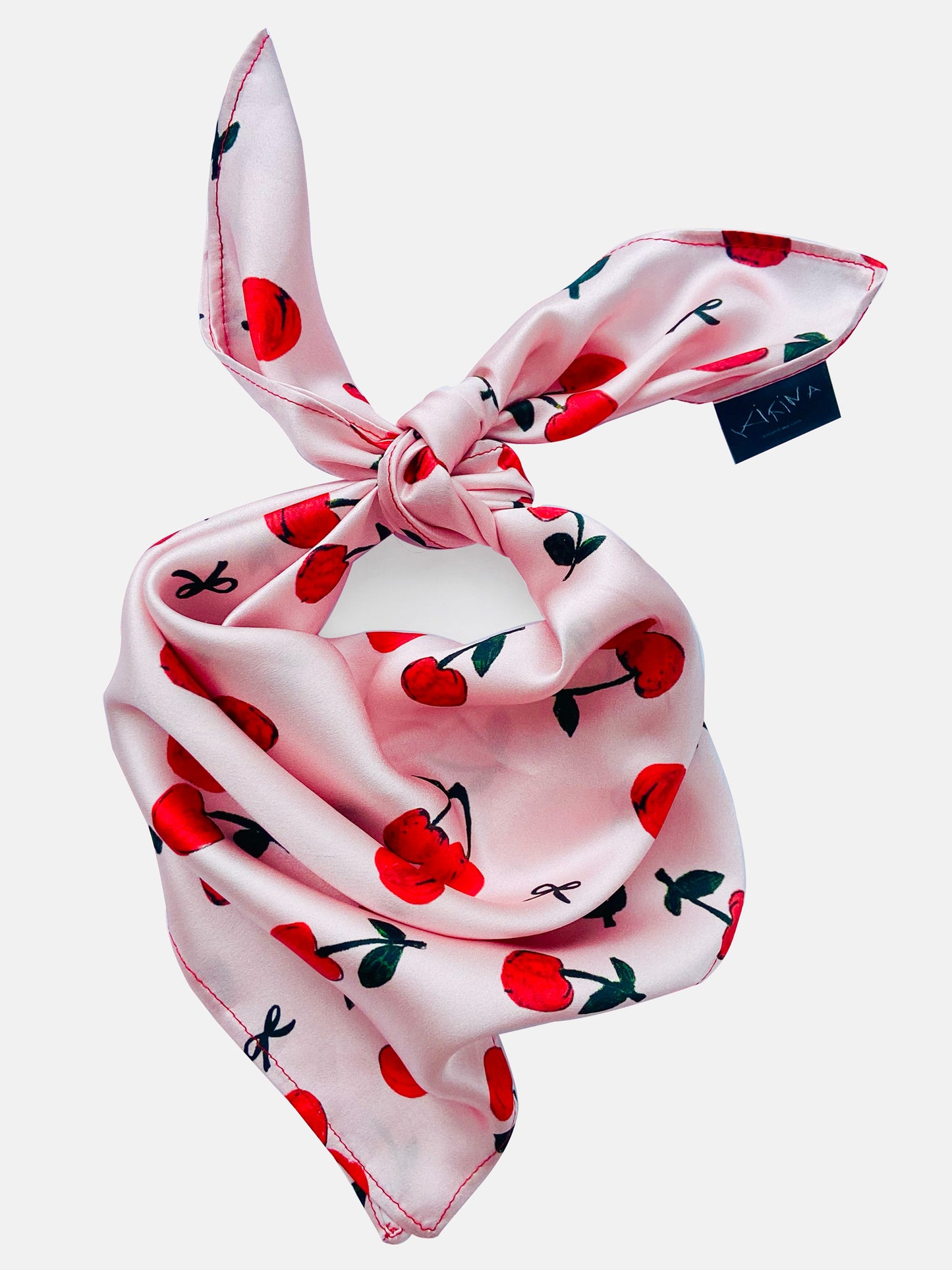 Printed Cherry Bow Satin Silk Square Scarf