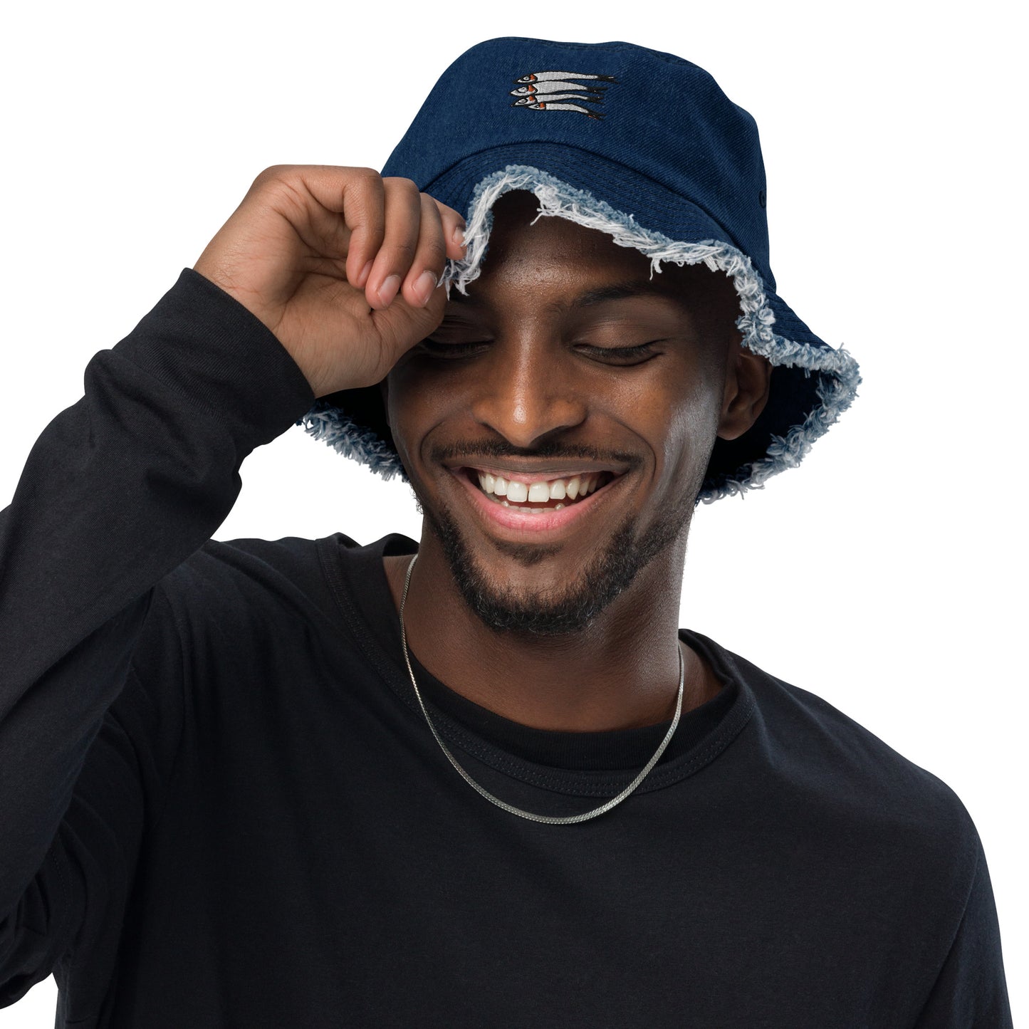 Embroidered Sardines Distressed Denim Bucket Hat
