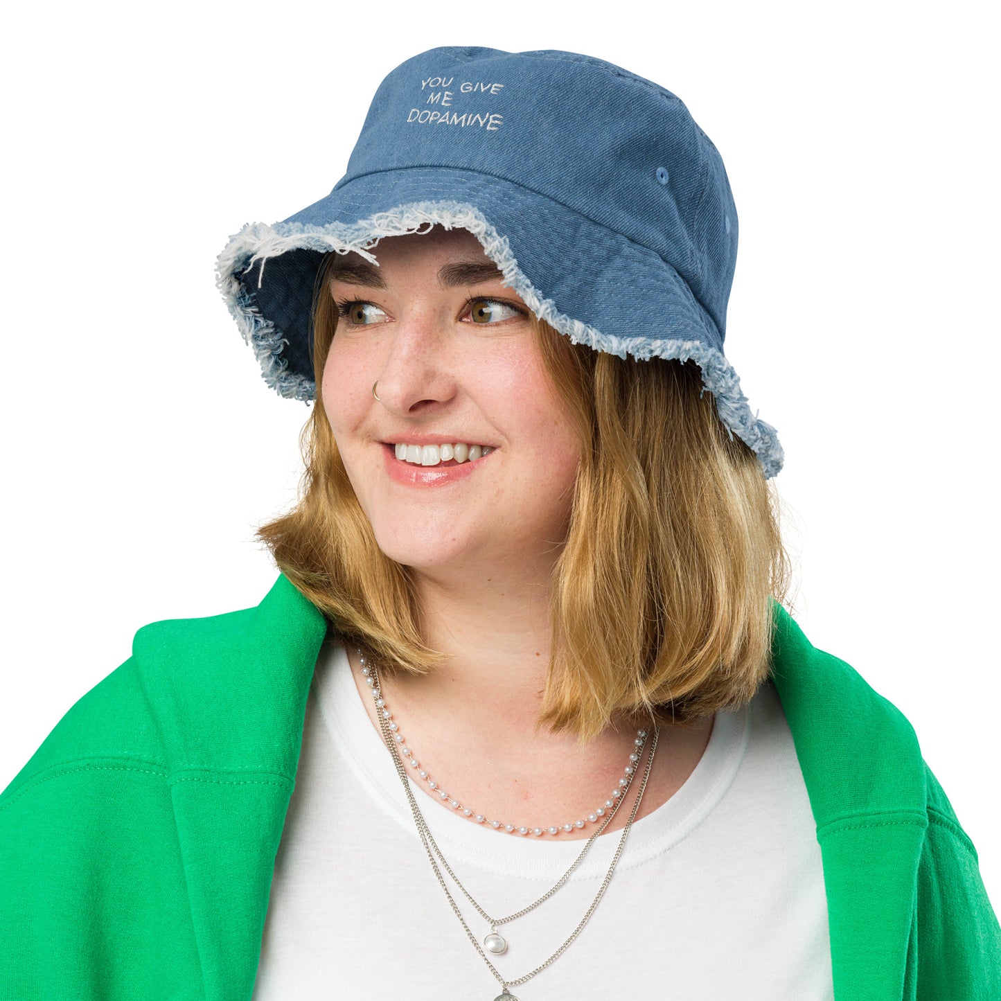 You Give Me Dopamine Distressed denim bucket hat