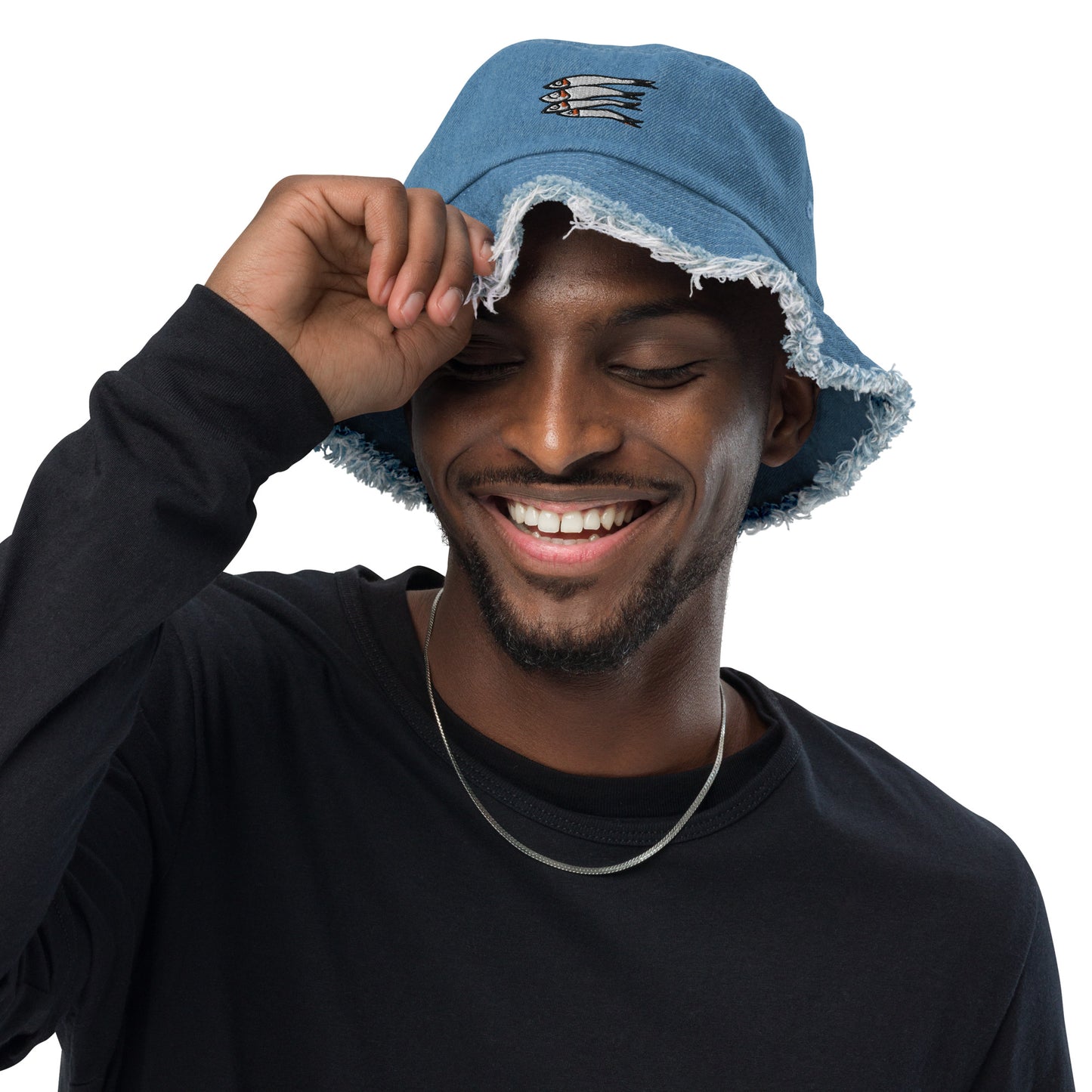 Embroidered Sardines Distressed Denim Bucket Hat