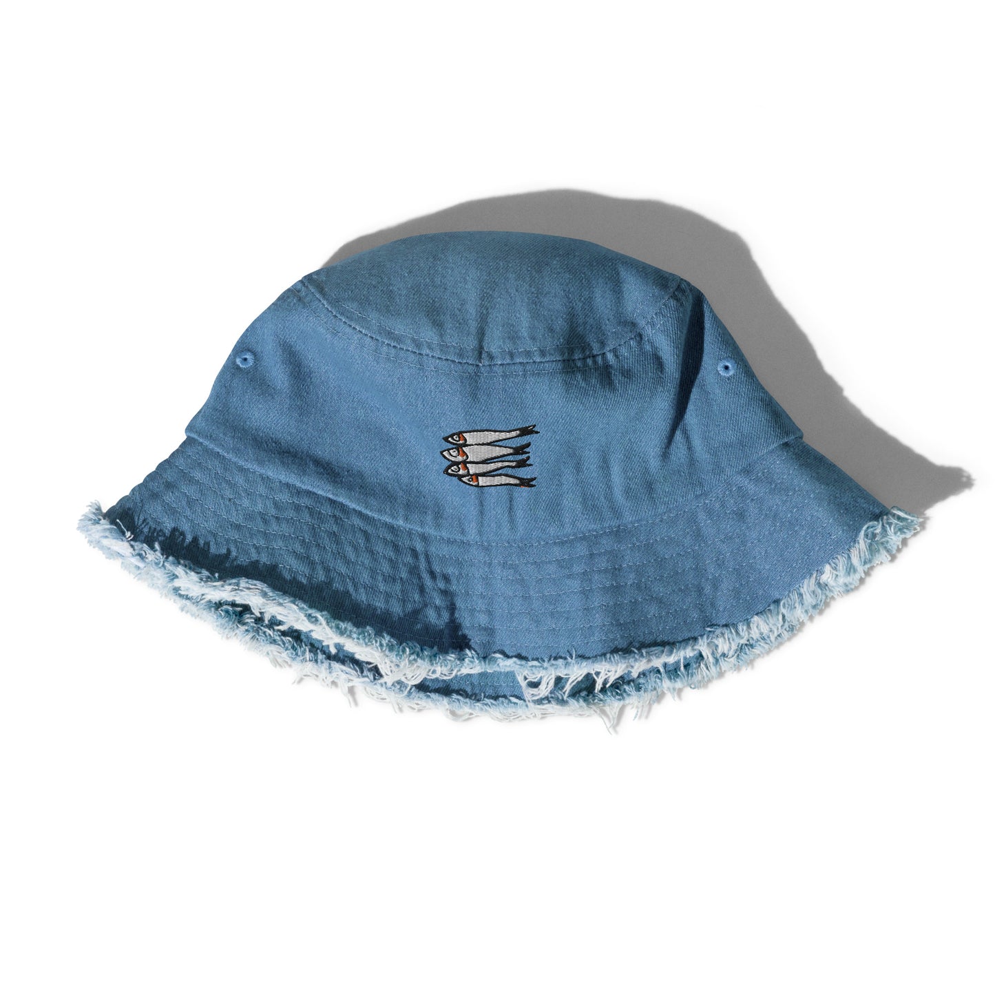 Embroidered Sardines Distressed Denim Bucket Hat