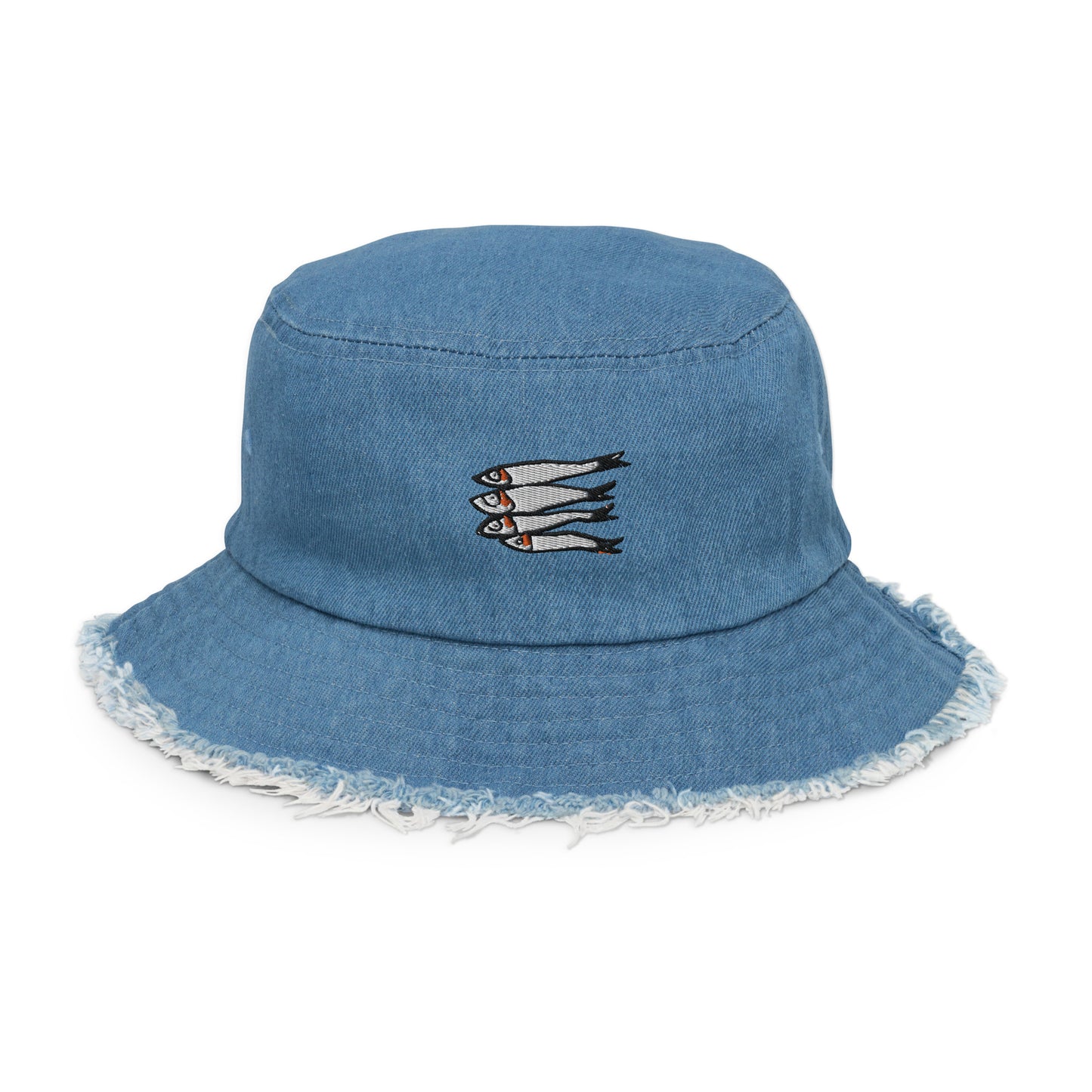 Embroidered Sardines Distressed Denim Bucket Hat