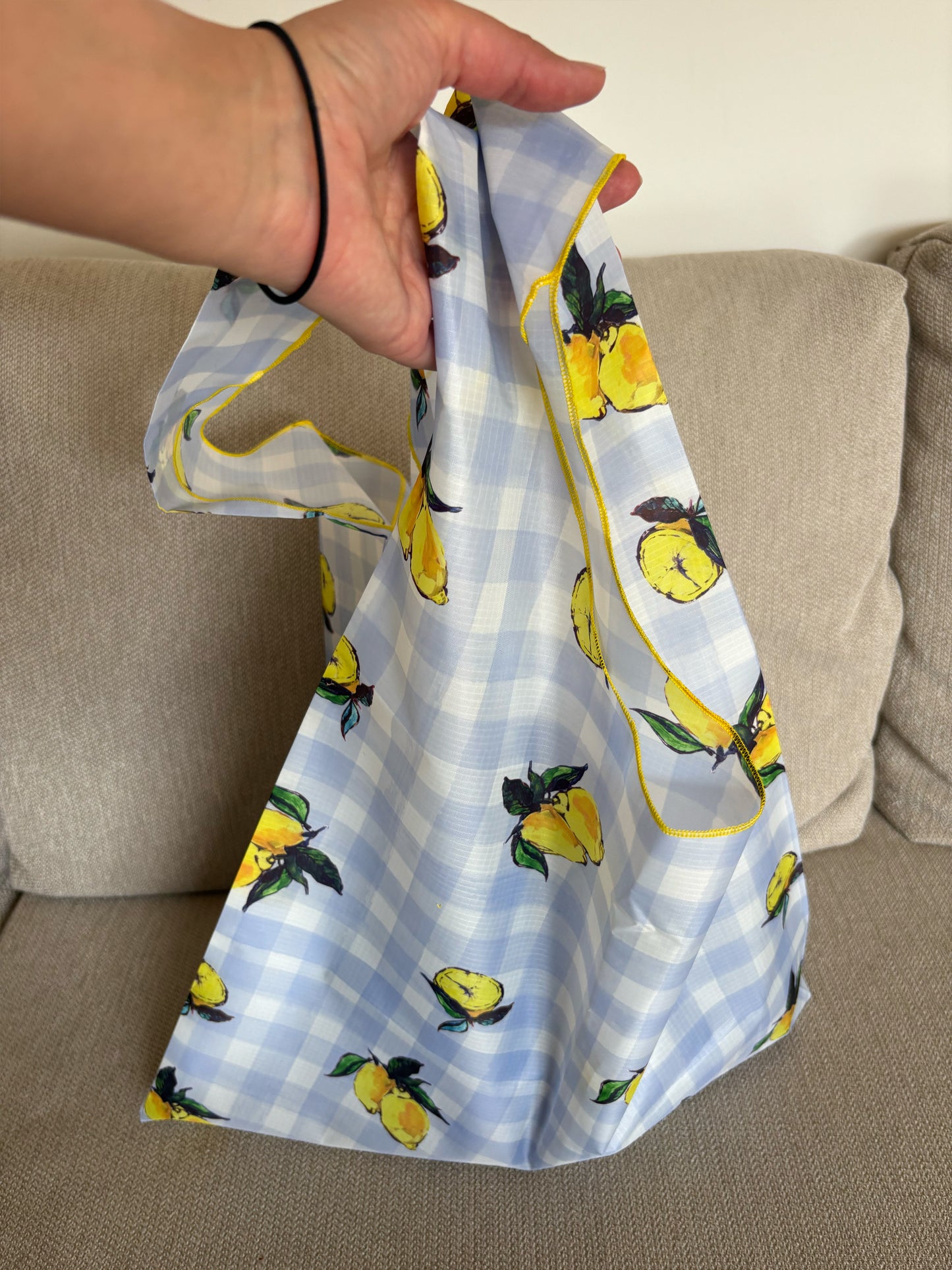 Lemon Gingham Print Parachute Waterproof Shopper Bag