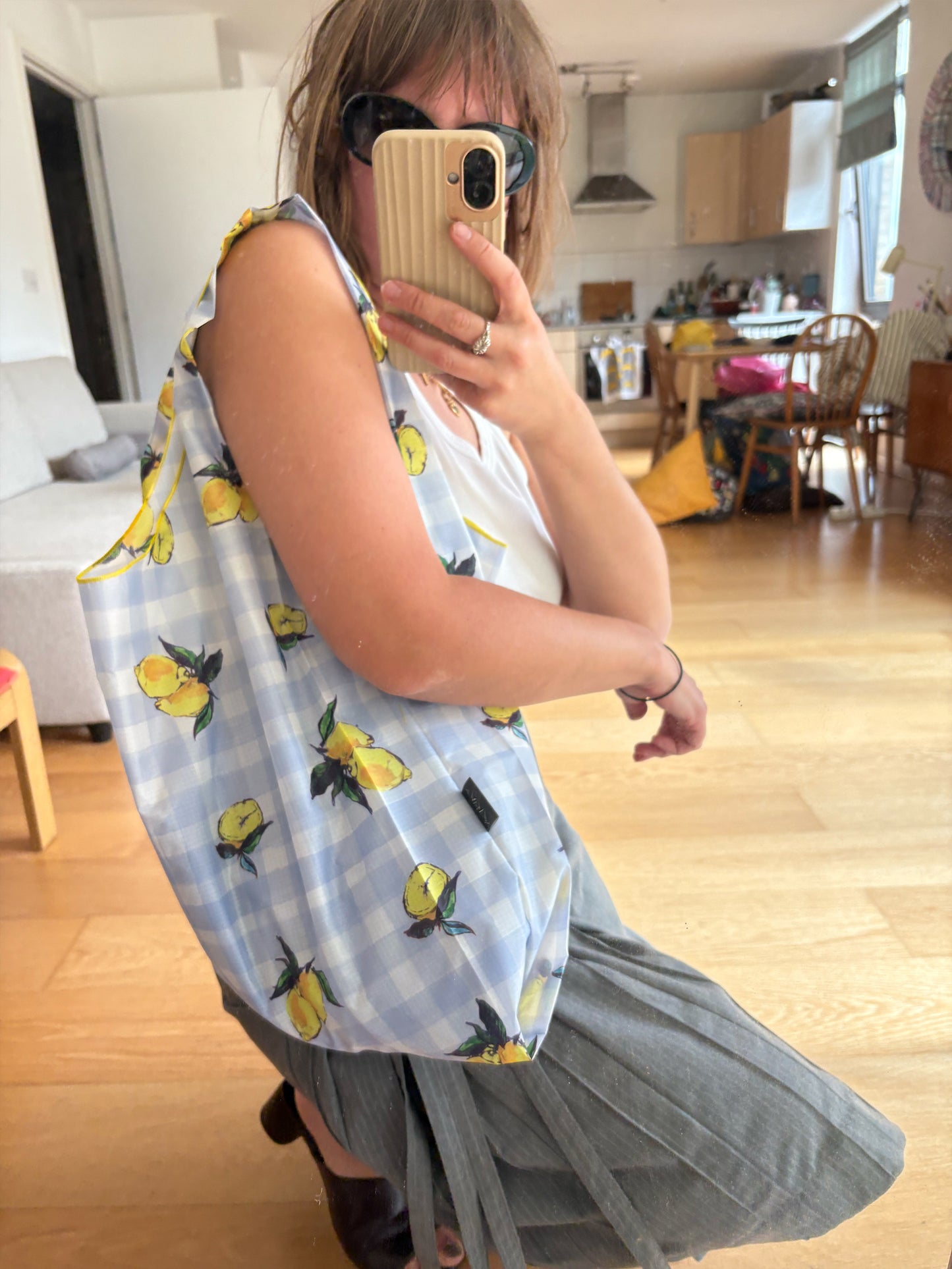 Lemon Gingham Print Parachute Waterproof Shopper Bag