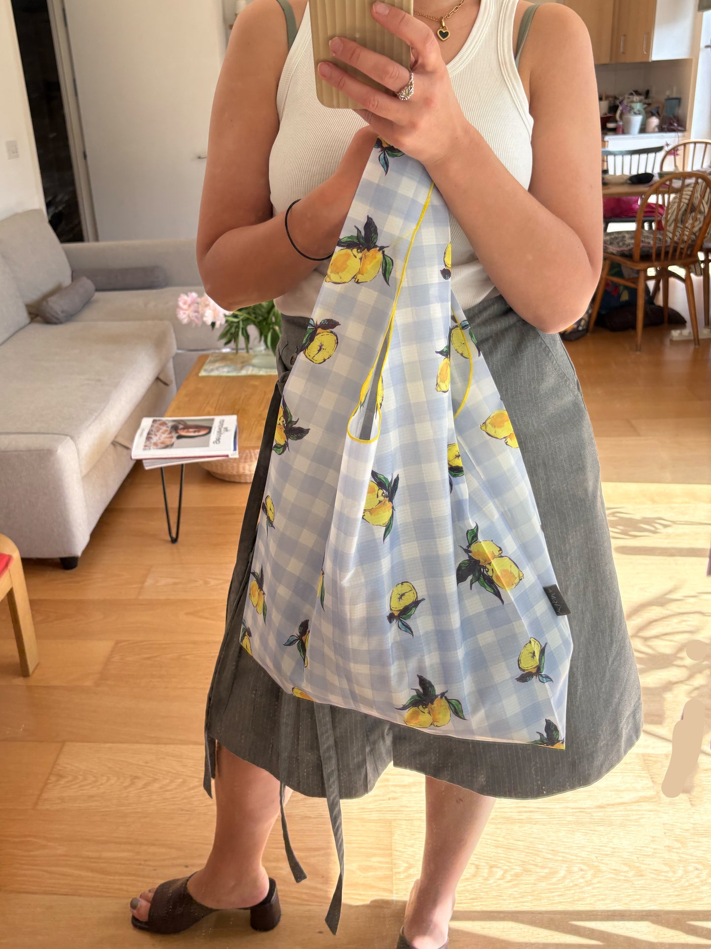Lemon Gingham Print Parachute Waterproof Shopper Bag