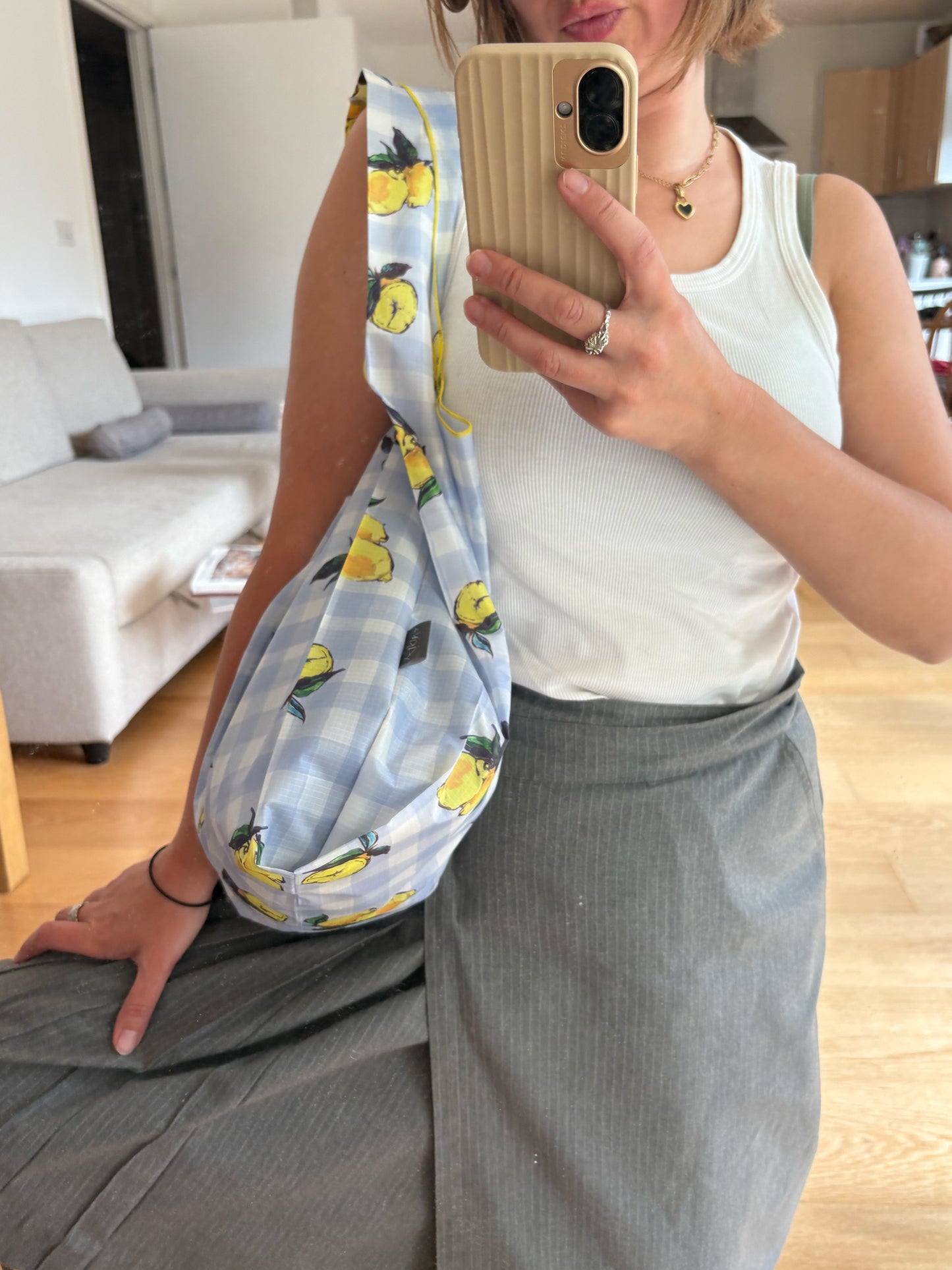 Lemon Gingham Print Parachute Waterproof Shopper Bag