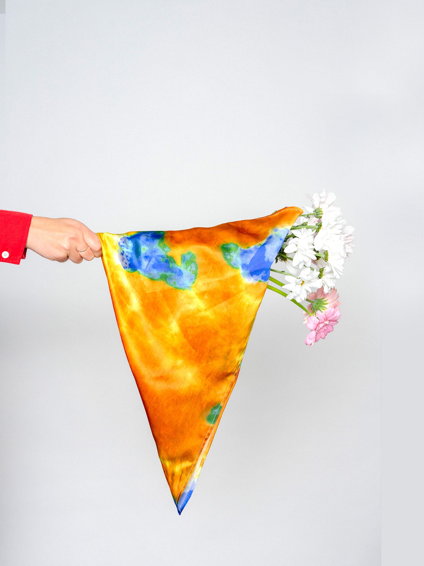 Tie Dye Printed Satin Silk Bandana in Safran & Blue