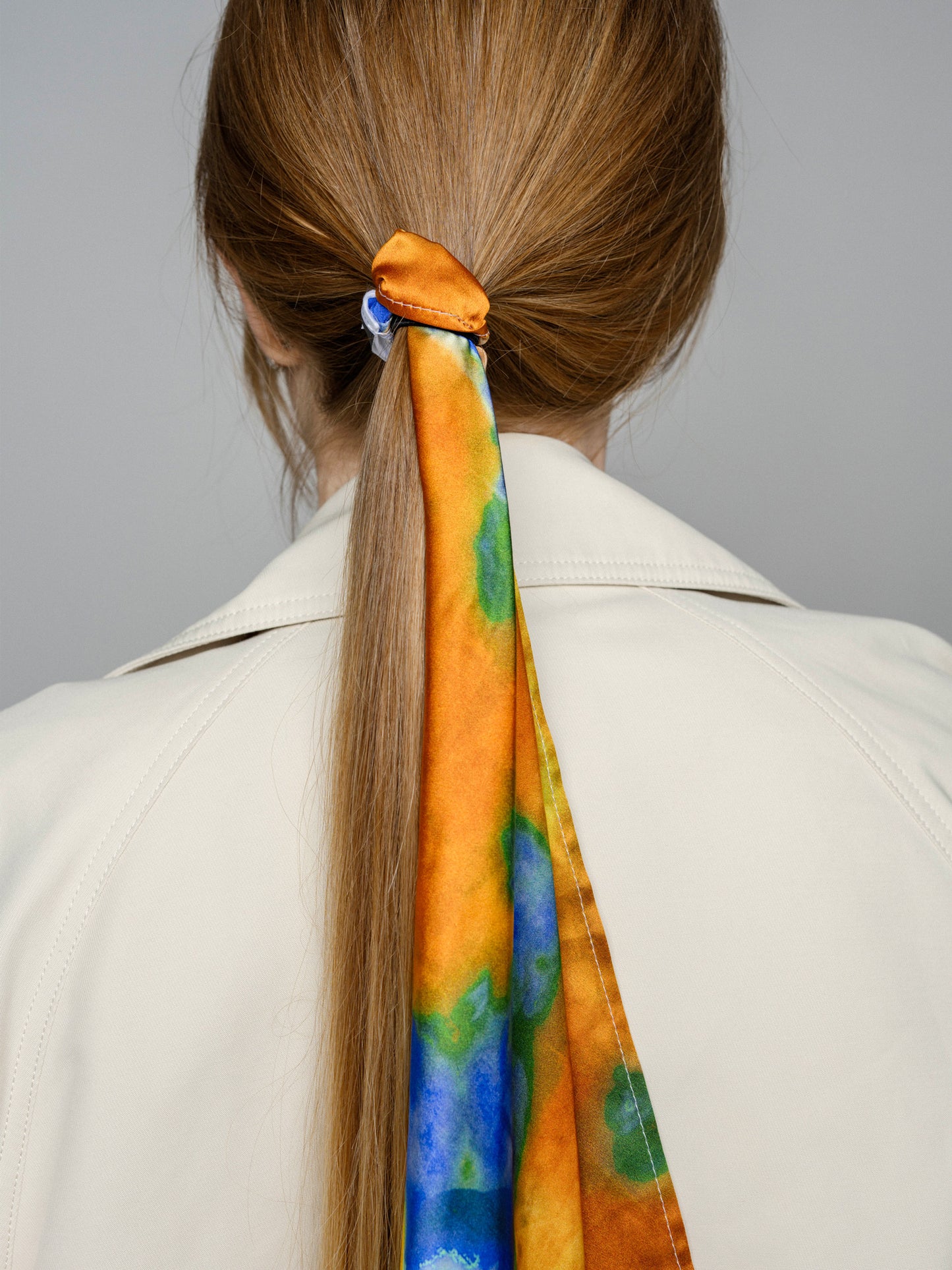 Tie Dye Printed Satin Silk Bandana in Safran & Blue